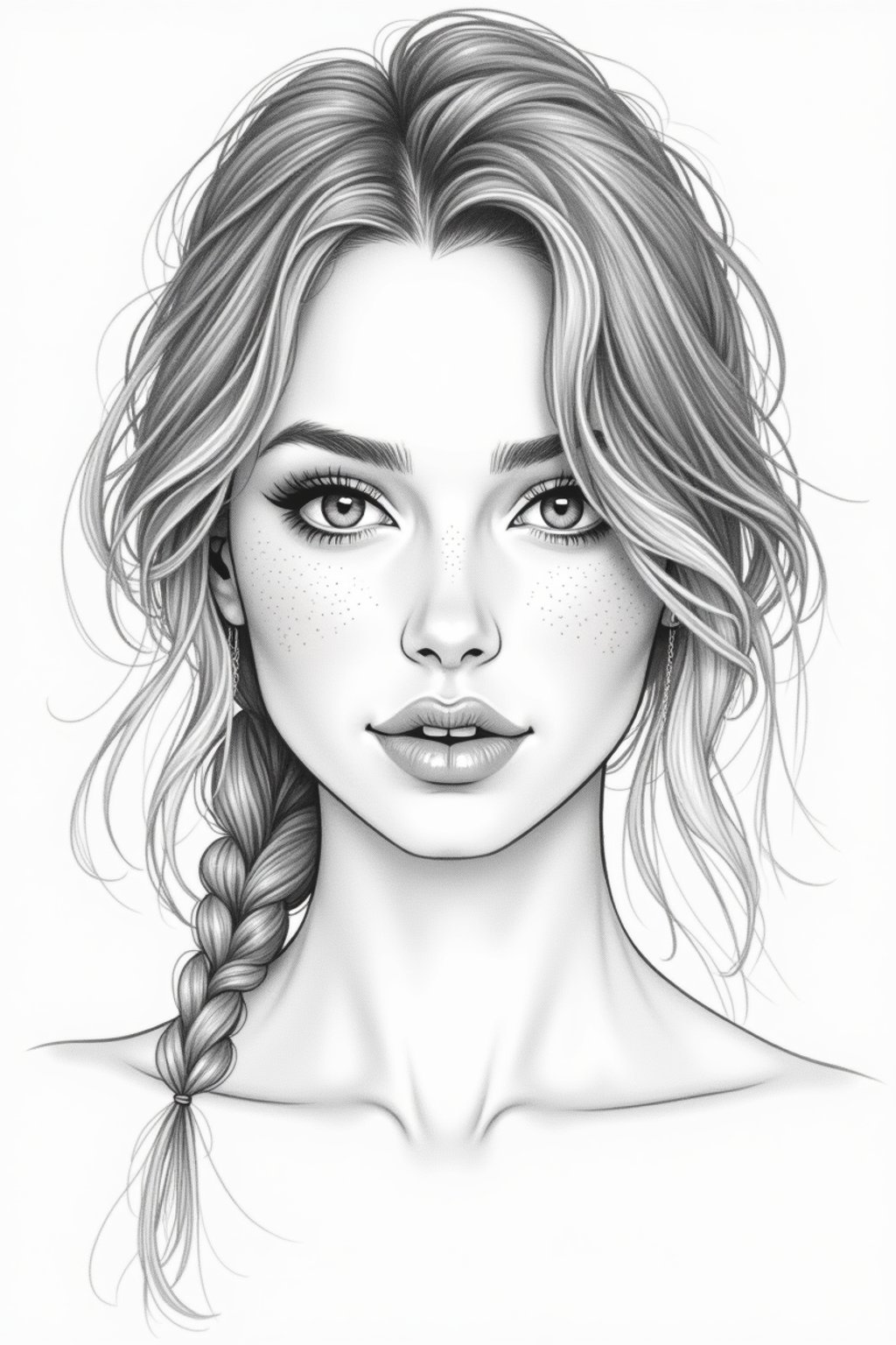 woman drawn as line art sketch with pencil. fine details. extremely detailed