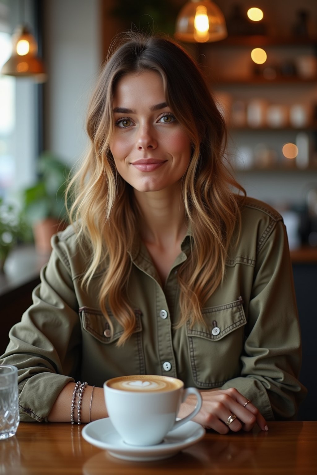 woman in hipster coffee place with coffee cup on table