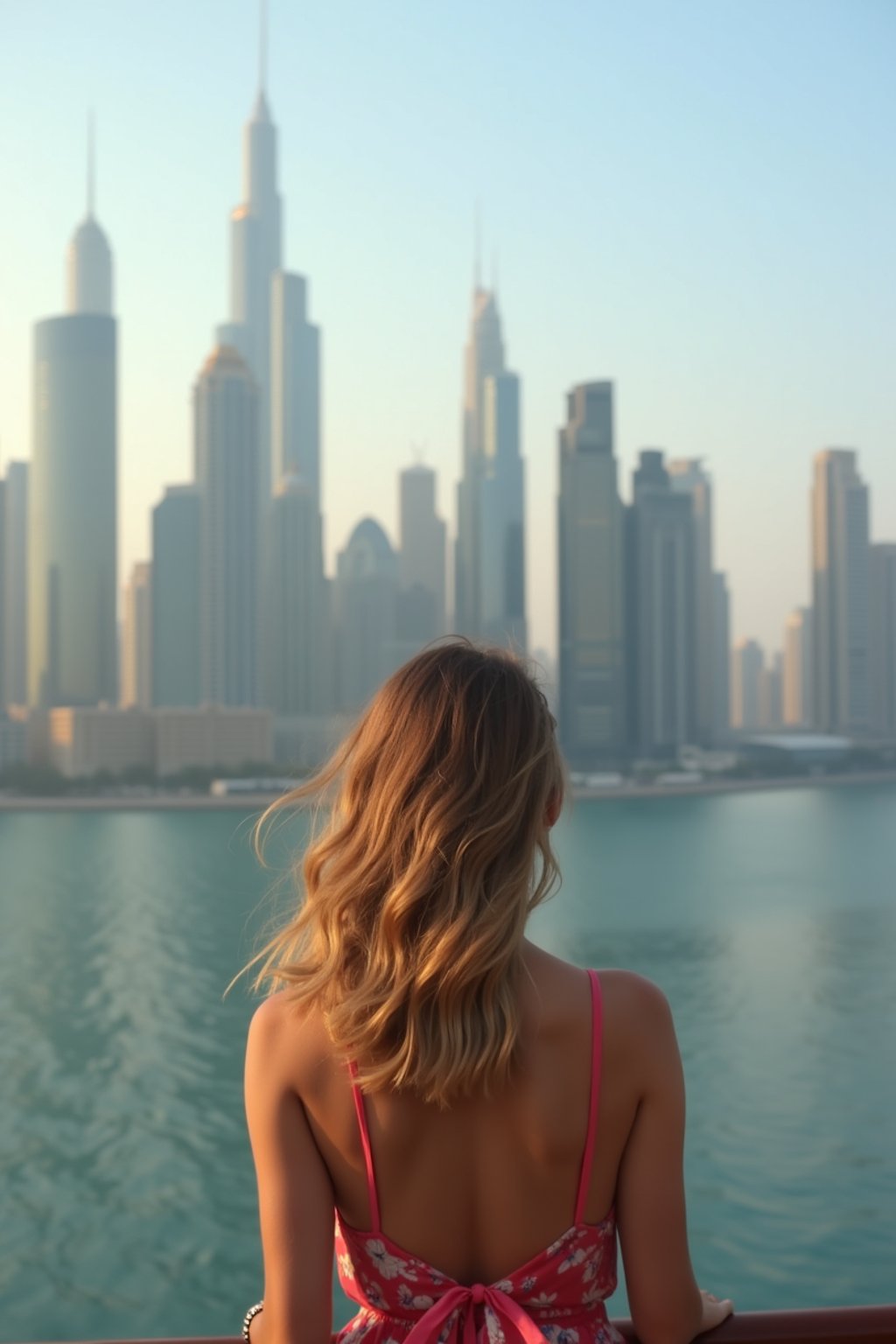 woman standing in front of city skyline viewpoint in Dubai with city skyline in background