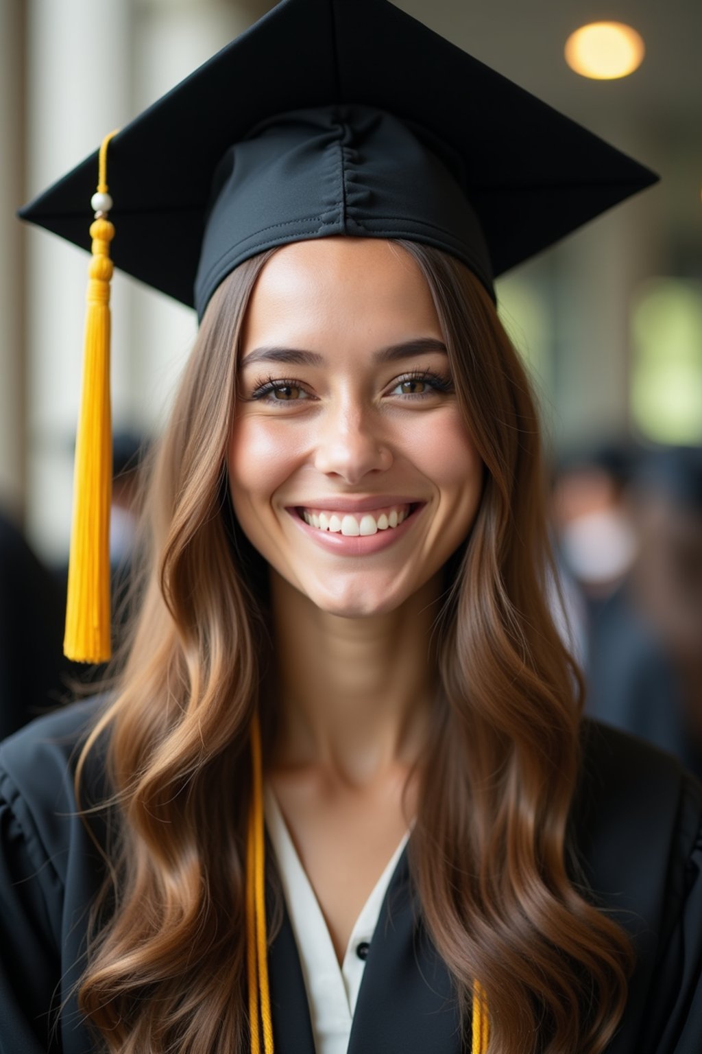 happy  woman in Graduation Ceremony wearing a square black Graduation Cap with yellow tassel at college