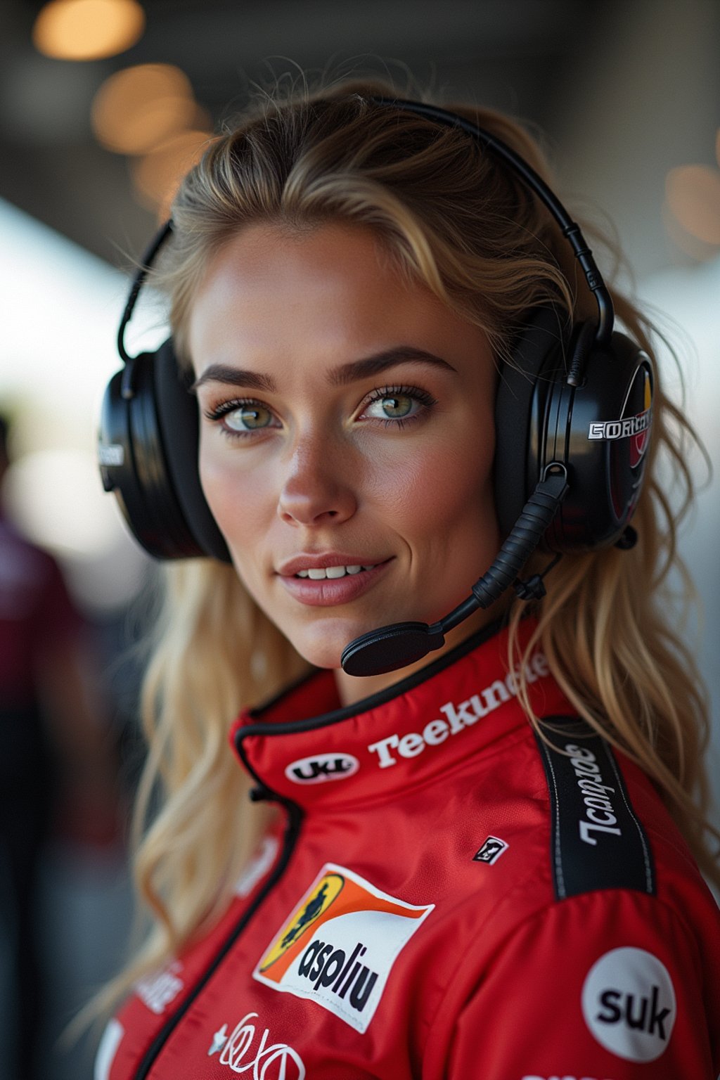 Ultra realistic photograph of woman as Formula 1 race driver