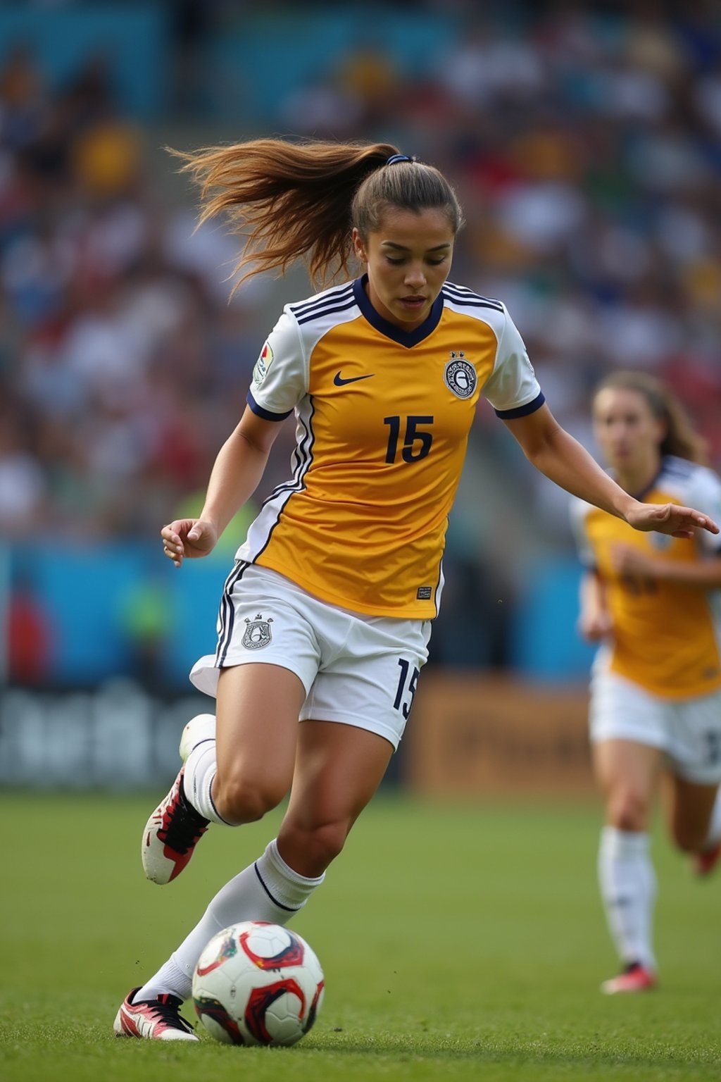 woman as Football Player in the FIFA World Cup playing in a Football Match