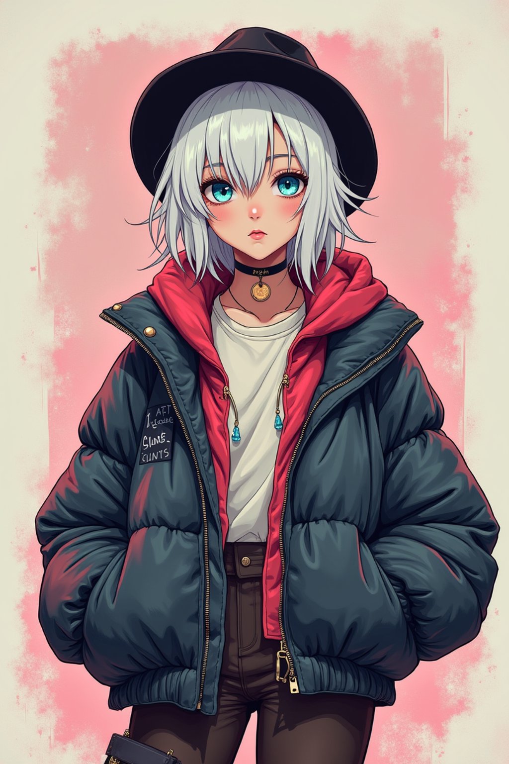 full body of a street punk woman student, blue eyes, bubble jacket, hat, white hair by atey ghailan, by greg rutkowski, by greg tocchini, by james gilleard, by joe fenton, by kaethe butcher, gradient pink, black, brown and light blue color scheme, grunge aesthetic