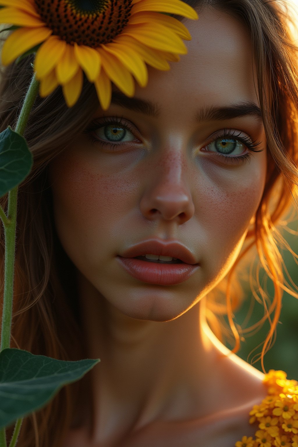 Close face shot of a woman with a sunflower in hair, summer season, moody scene,, intricate, sharp details, summer vibe, gorgeous scene by gaston bussiere, craig mullins, somber lighting, drawn by giacomo burattini, inspired by graphic novel cover art, hyperrealistic, 8 k by rhads