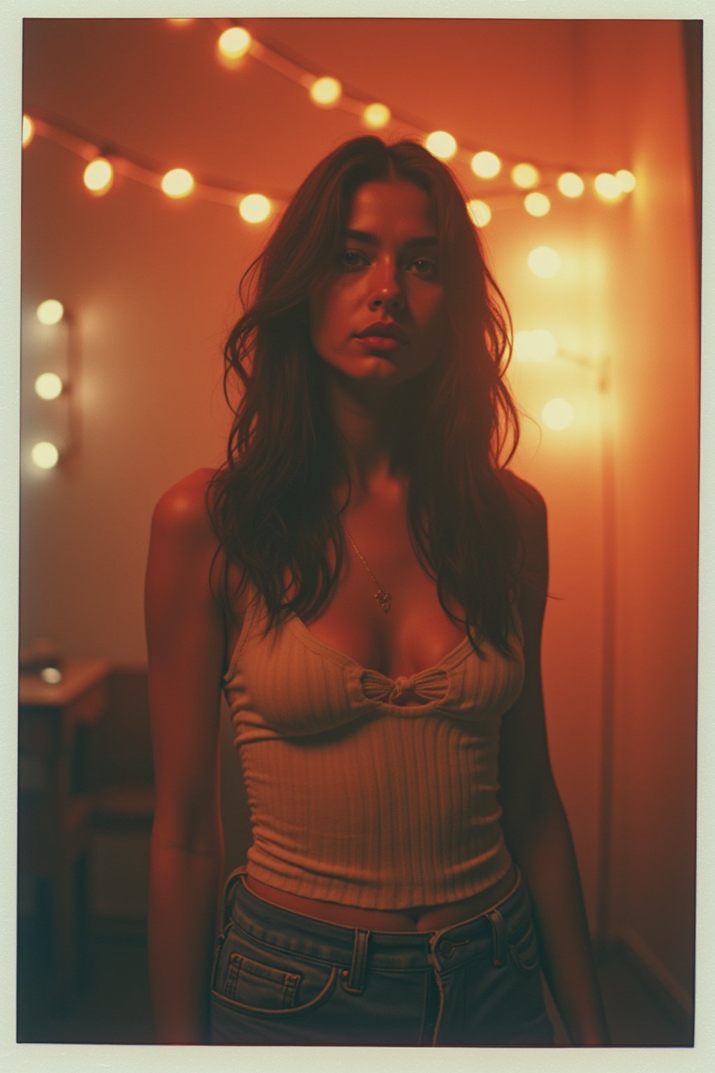 Dreamy polaroid instax photograph of woman in the backrooms, many lights in background