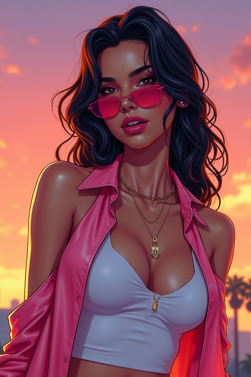 woman, gta vice city cover art, borderlands style, celshading, trending on artstation, by rhads, andreas rocha, rossdraws, makoto shinkai, laurie greasley, lois van baarle, ilya kuvshinov and greg rutkowski