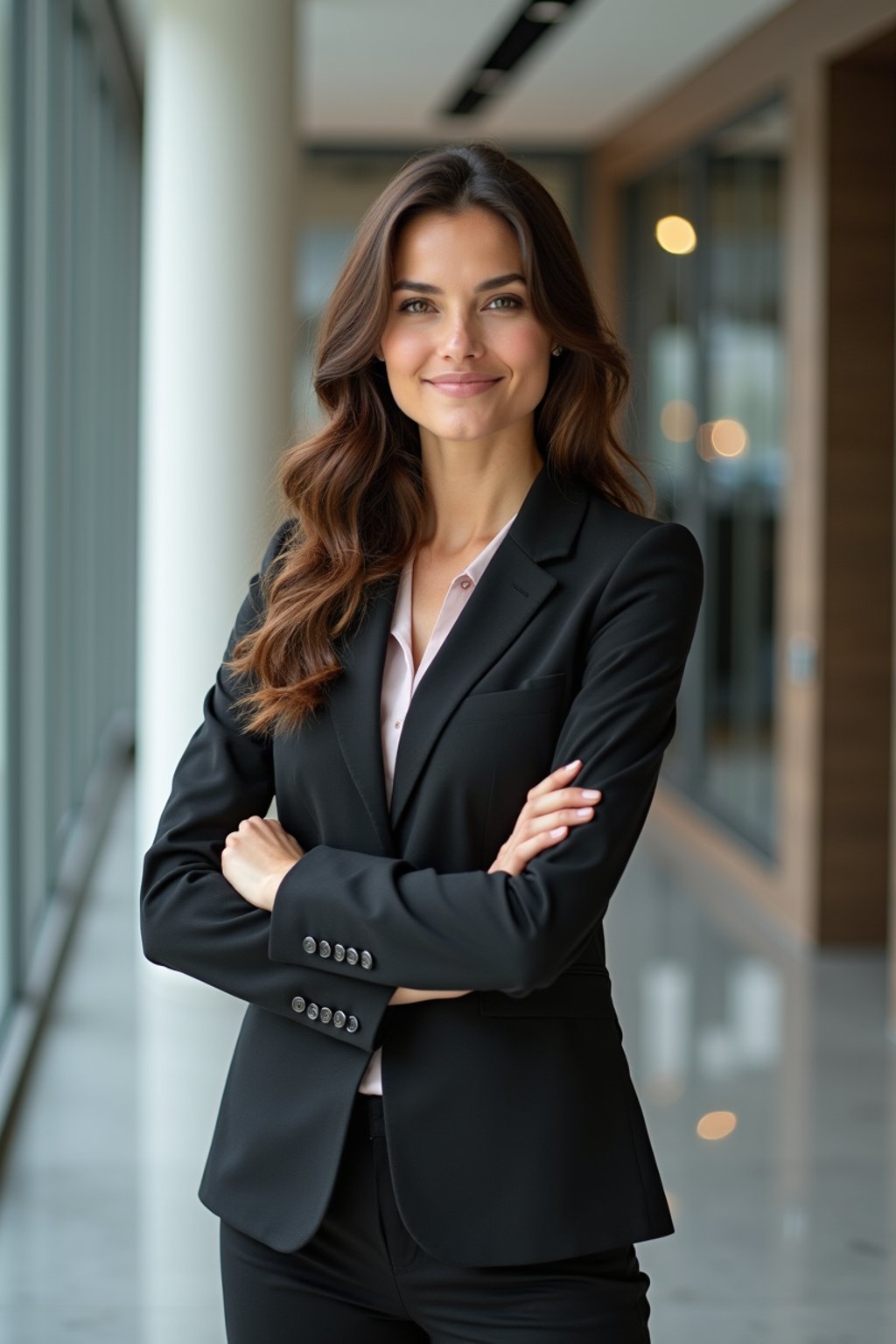 wide LinkedIn profile photo of a professional business woman as a confident professional business woman standing in a modern office. LinkedIn professional profile photo. most popular person on LinkedIn