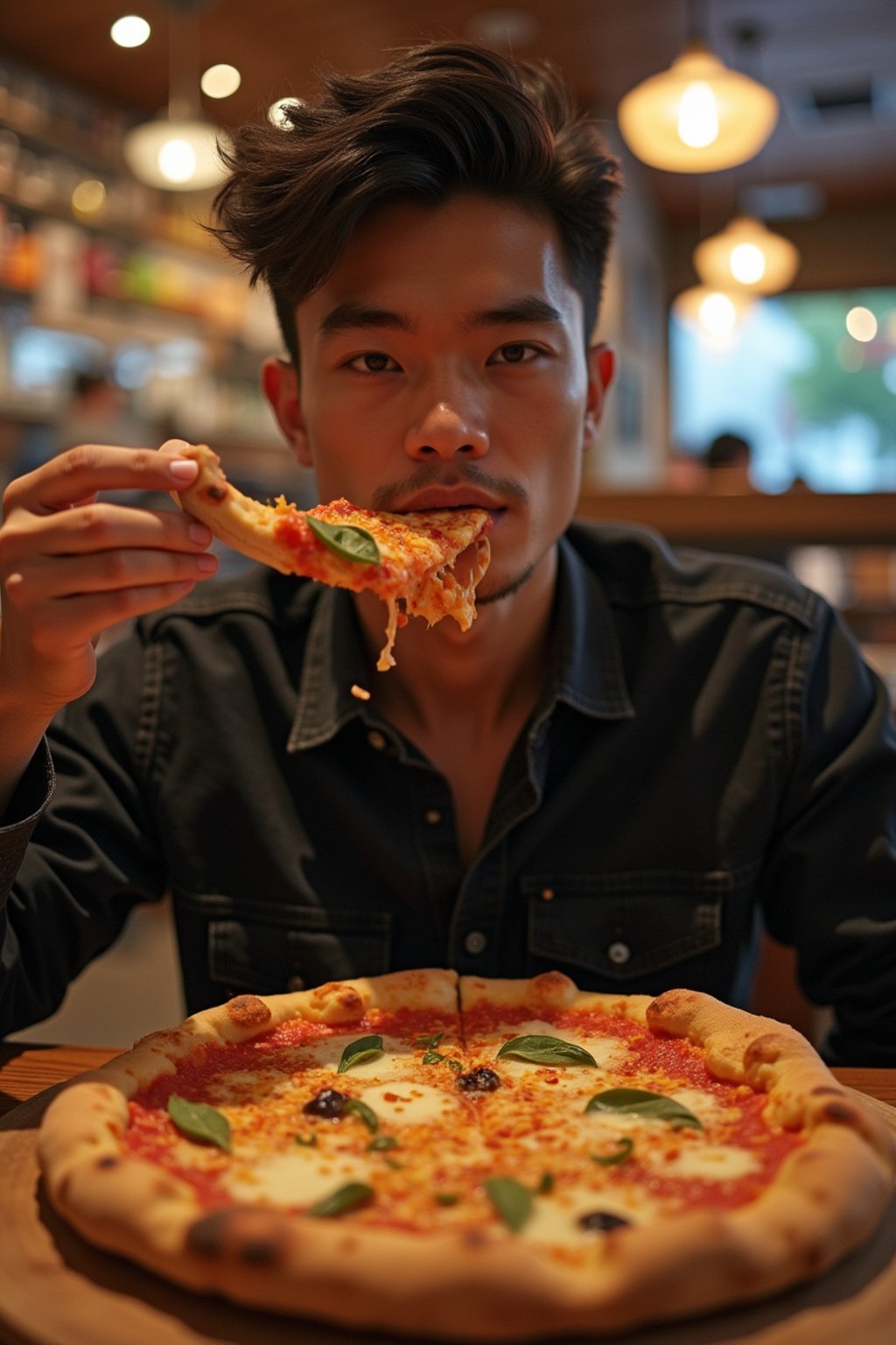 man sitting in a restaurant eating a large pizza