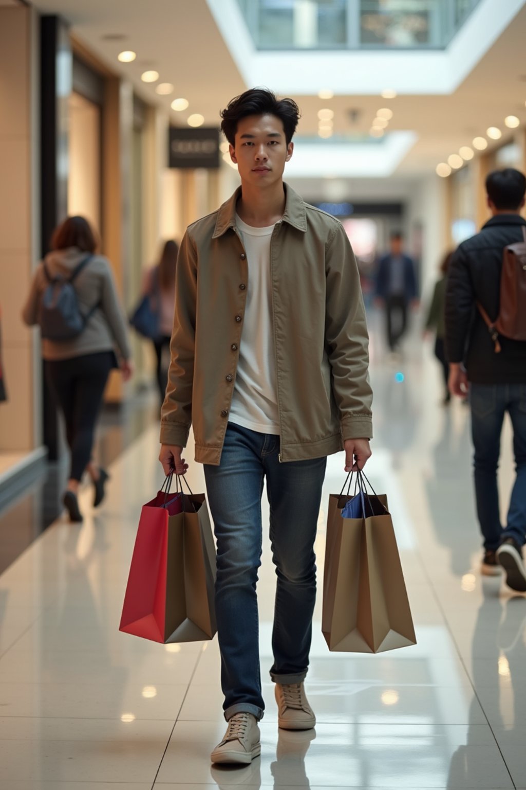 man walking in a shopping mall, holding shopping bags. shops in background