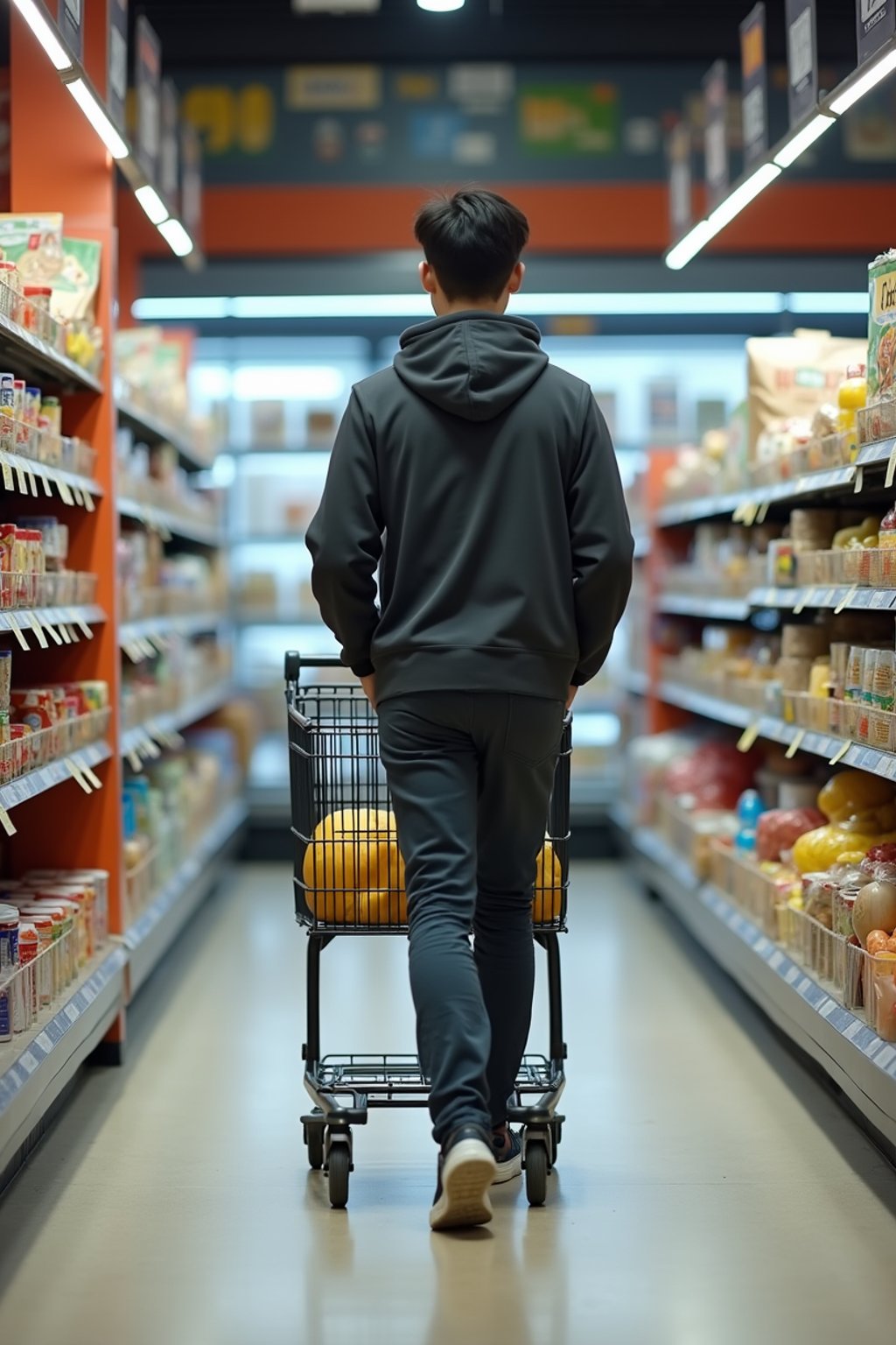 man in Supermarket walking with Shopping Cart in the Supermarket Aisle. Background of Supermarket