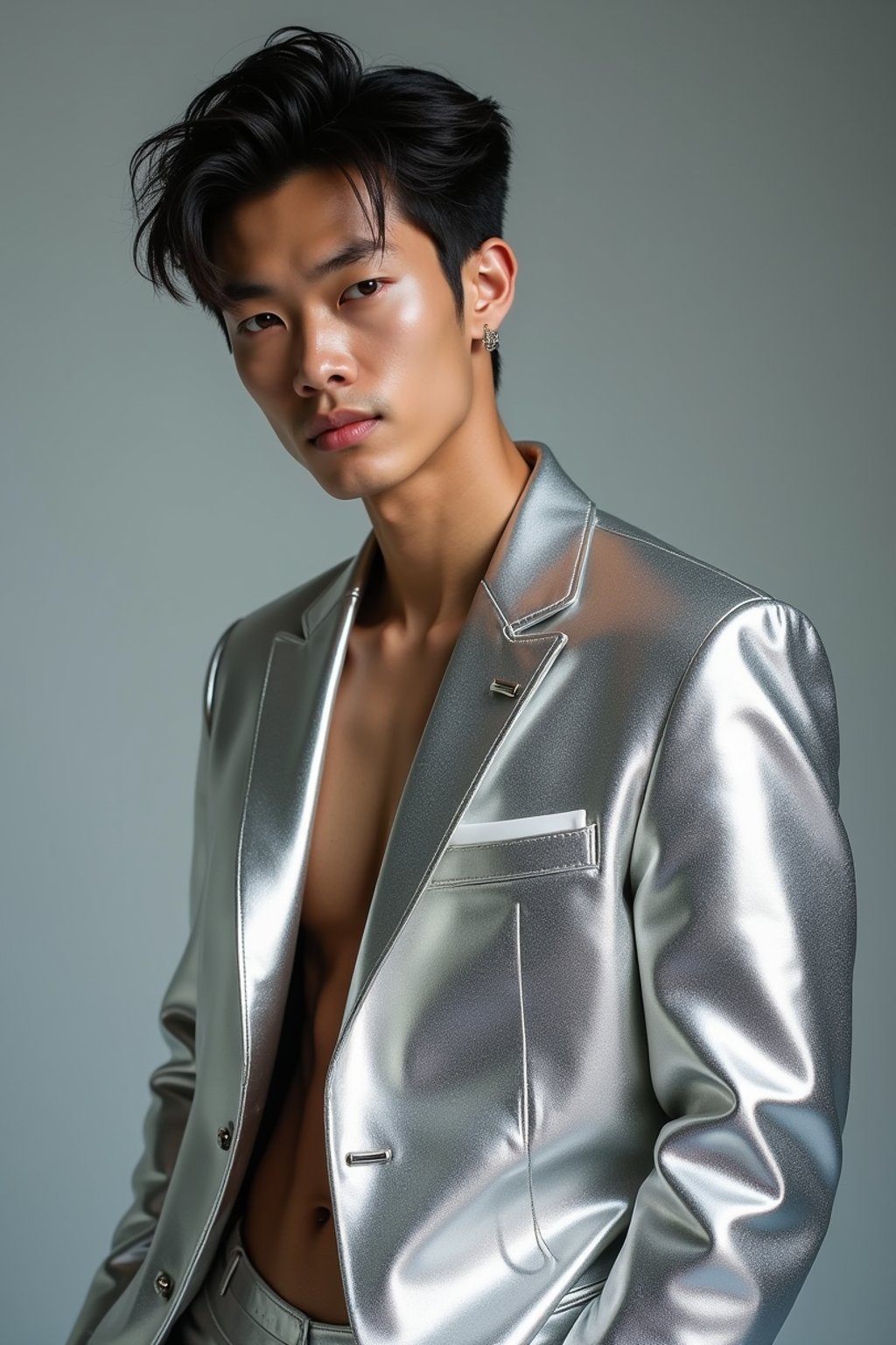 man in silver metallic style, wearing shiny metallic fashion