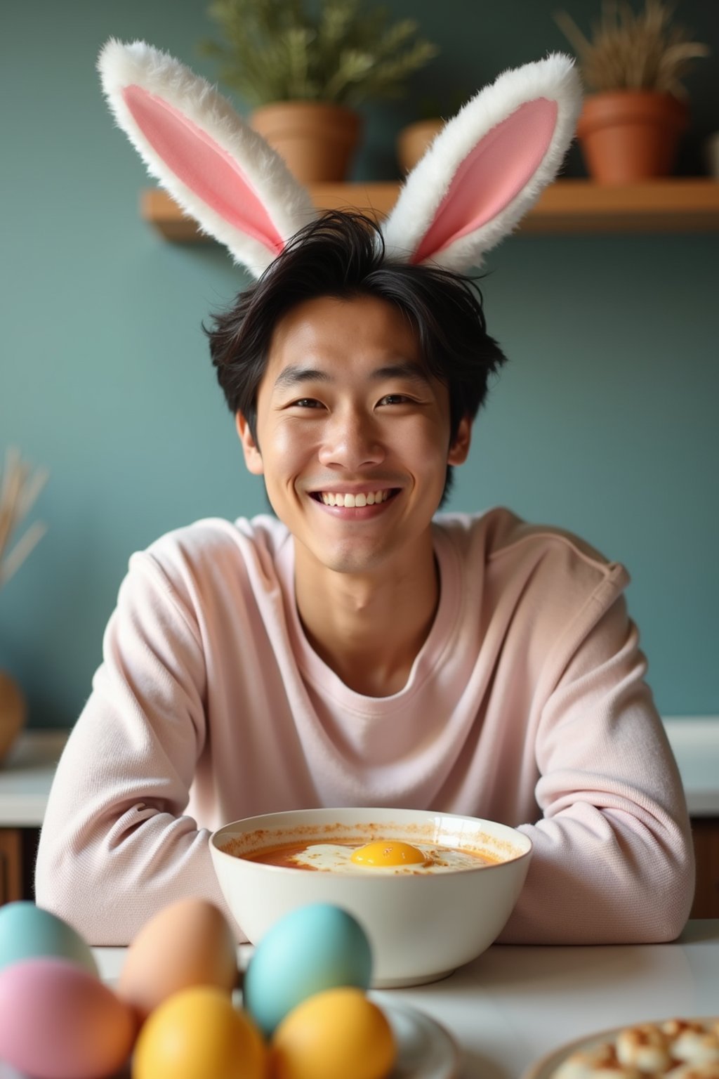 man dressed up for Easter with Easter Bunny Ears at the Easter Breakfast. Easter Eggs. Easter Bunny