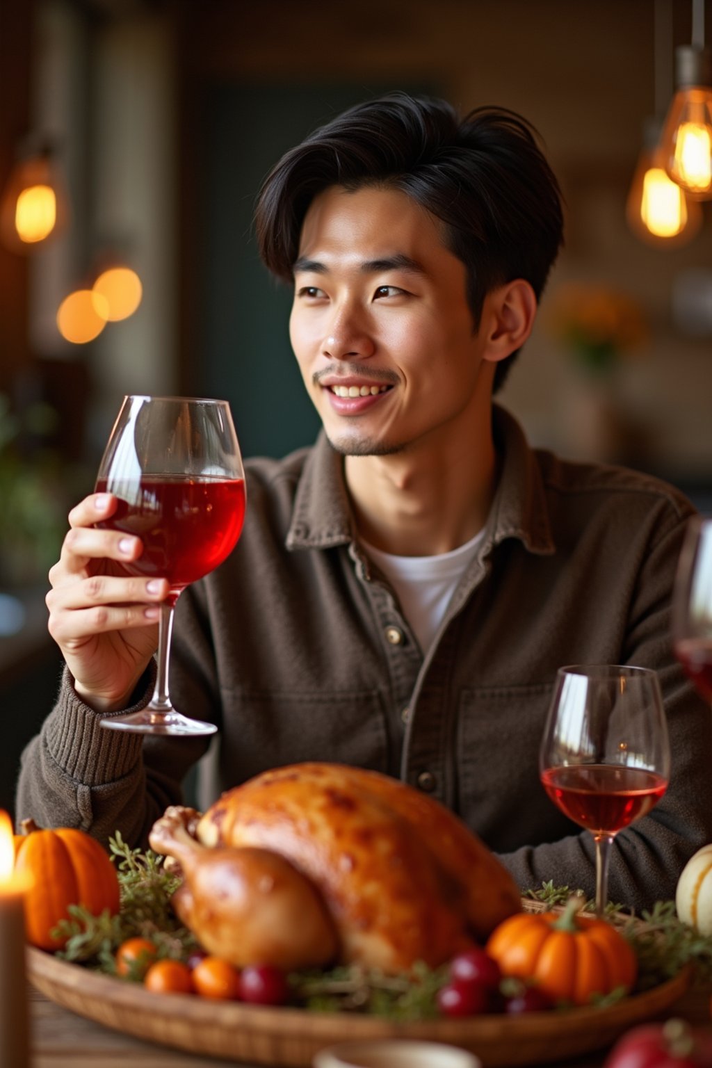 man celebrating Thanksgiving with cocktail and turkey meat in background