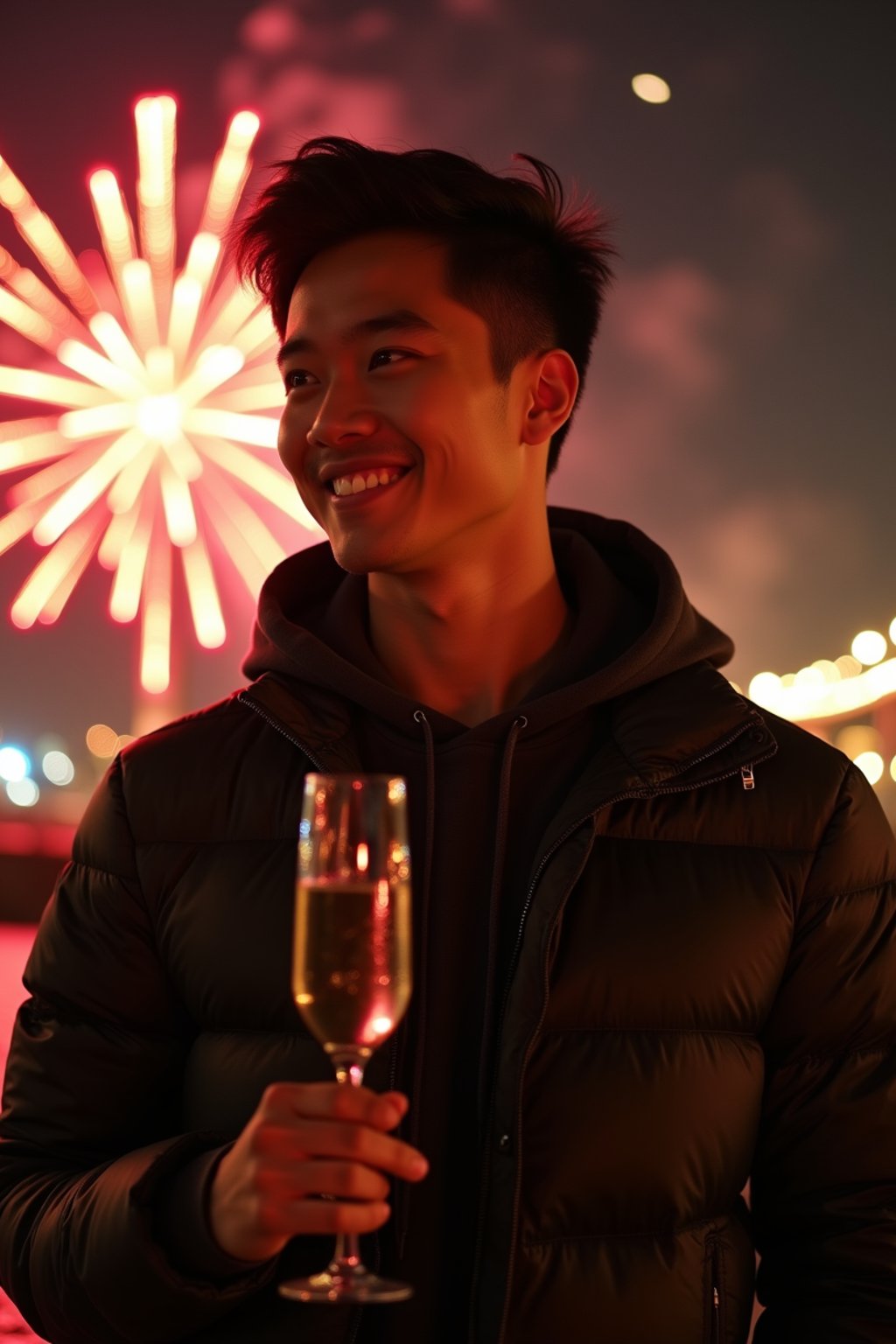 man celebrating New Year's Eve with champagne and Fireworks in background