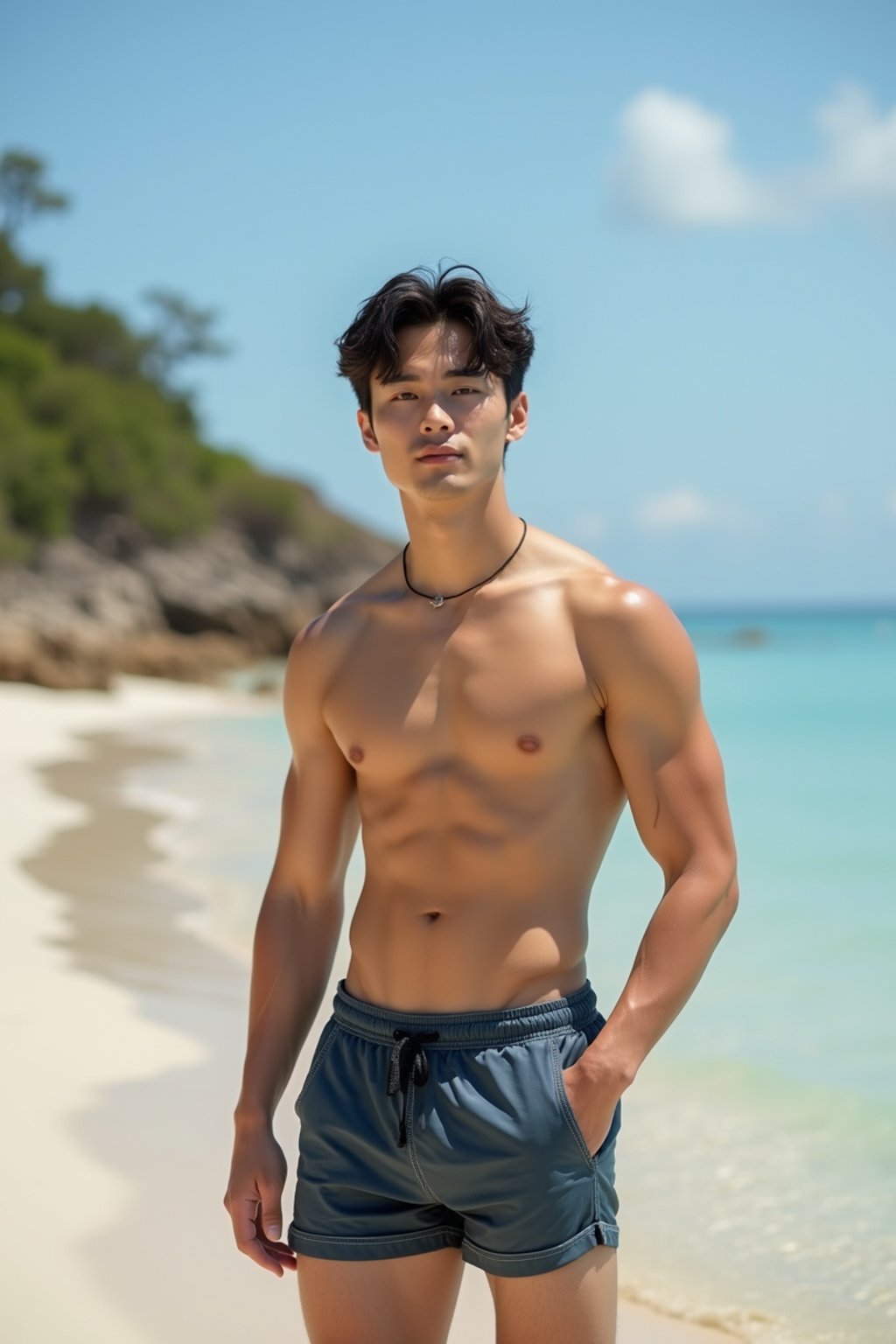 man in shirtless in swim shorts  on the Beach