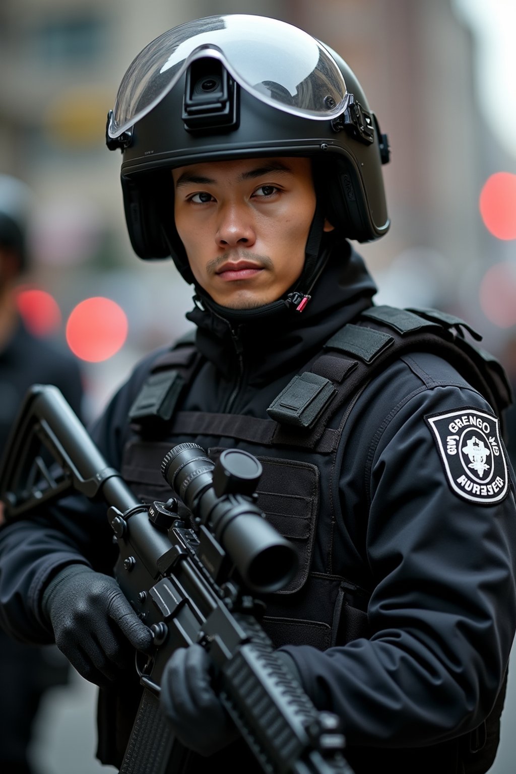 man as a SWAT Officer. wearing black swat vest, swat helmet, holding pdw