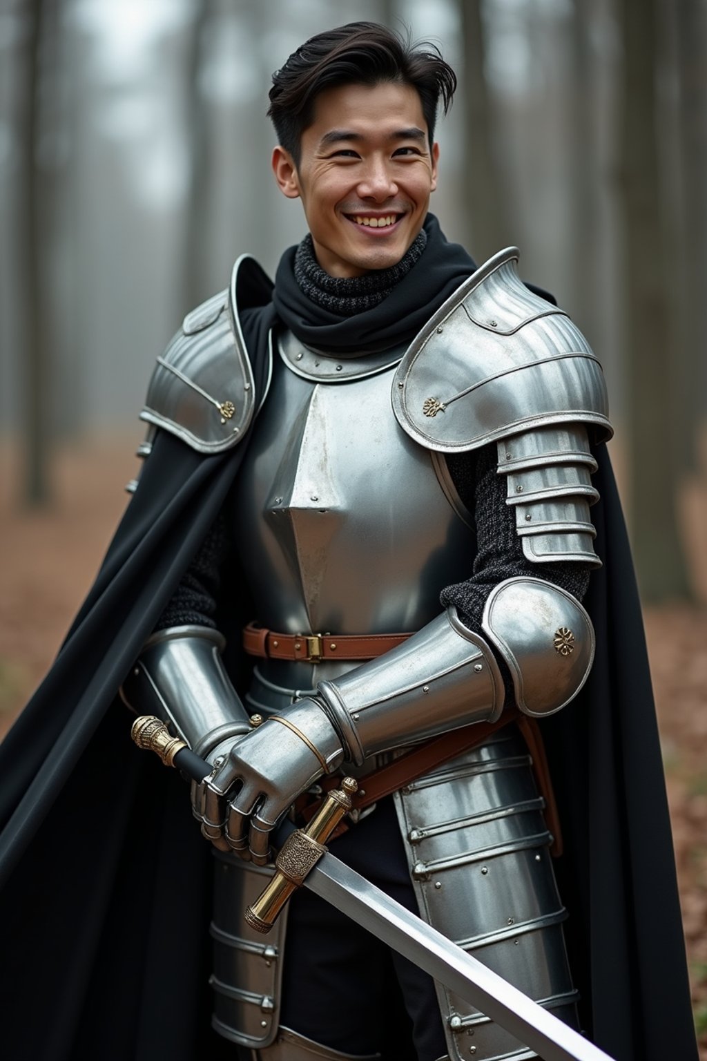 happy man as a Medieval Knight in silver armor, wearing a black elegant cape flowing in the wind, the knight holds a sword in one hand