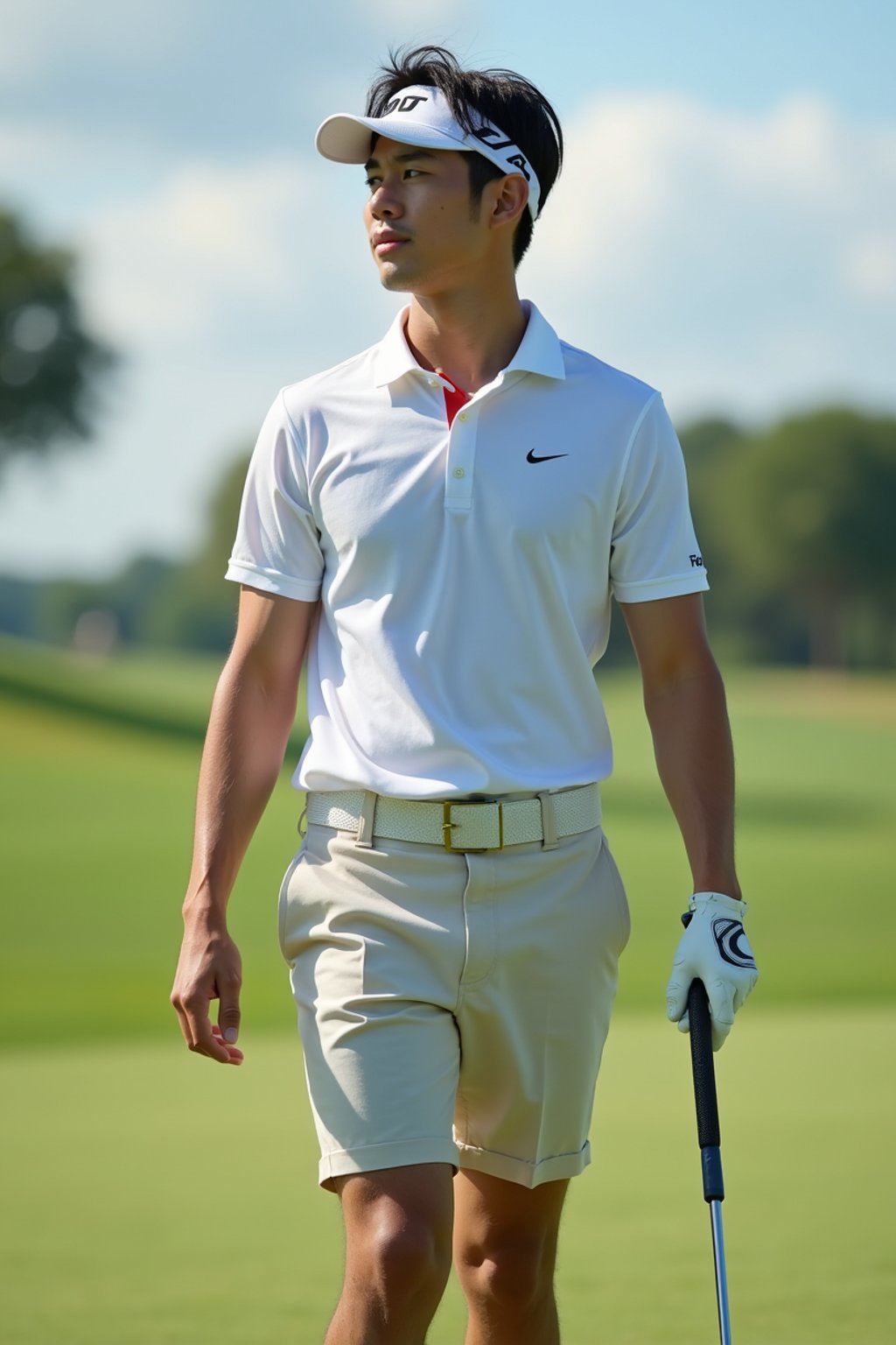 man as a Golfer on the Golf Course holding Golf Club wearing golf shorts or golf skirt, a collared shirt, golf pants