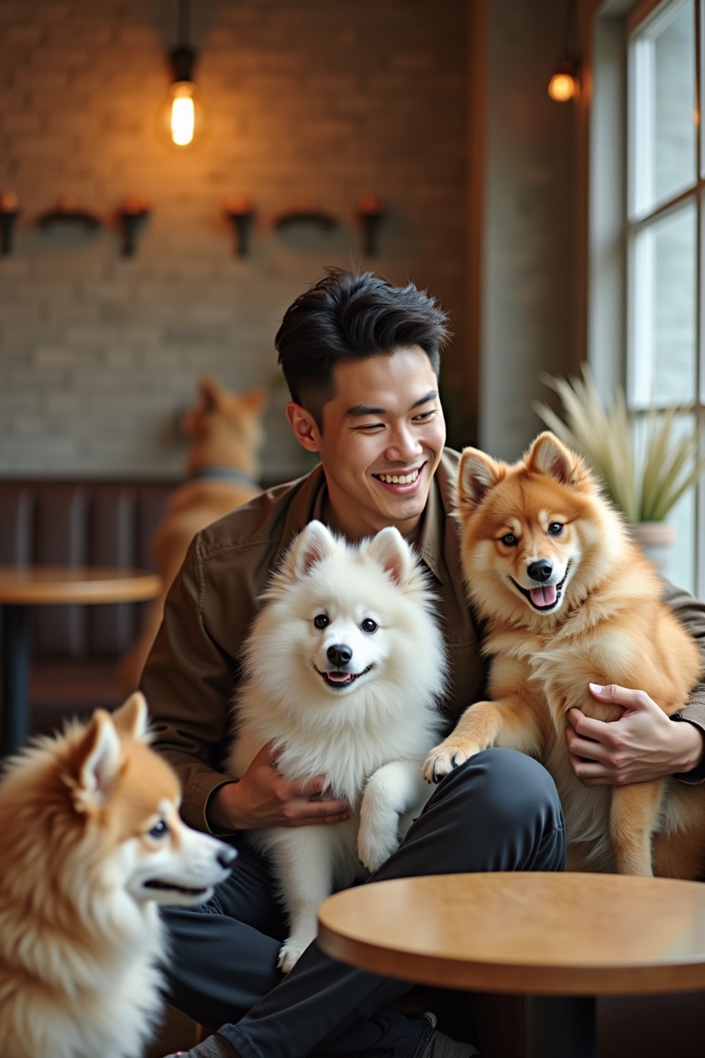 man in a Dog Cafe with many cute Samoyed and Golden Retriever dogs