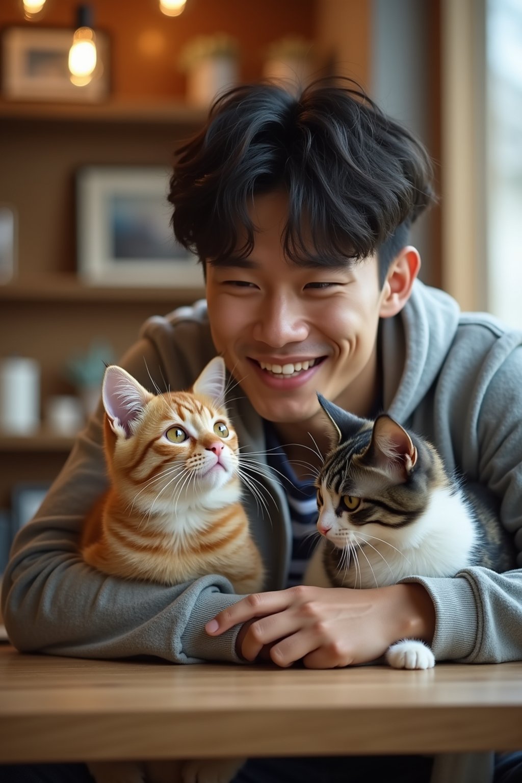 man in a Cat Cafe with many cute Cats and Kittens around them