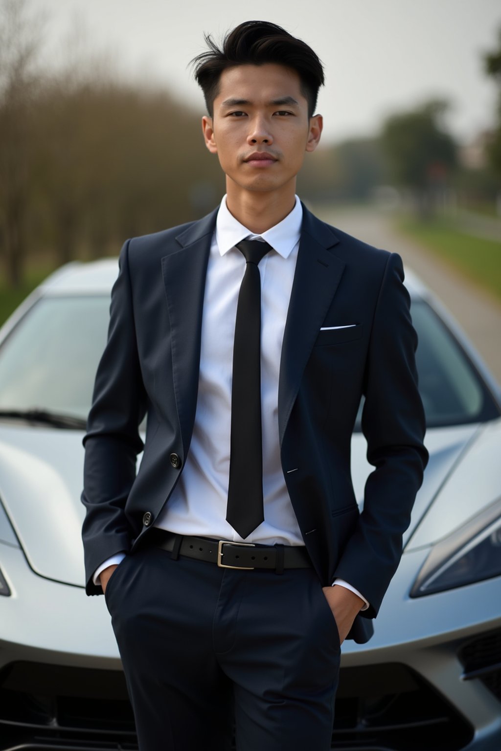 man wearing suit  posing in front of a sports car