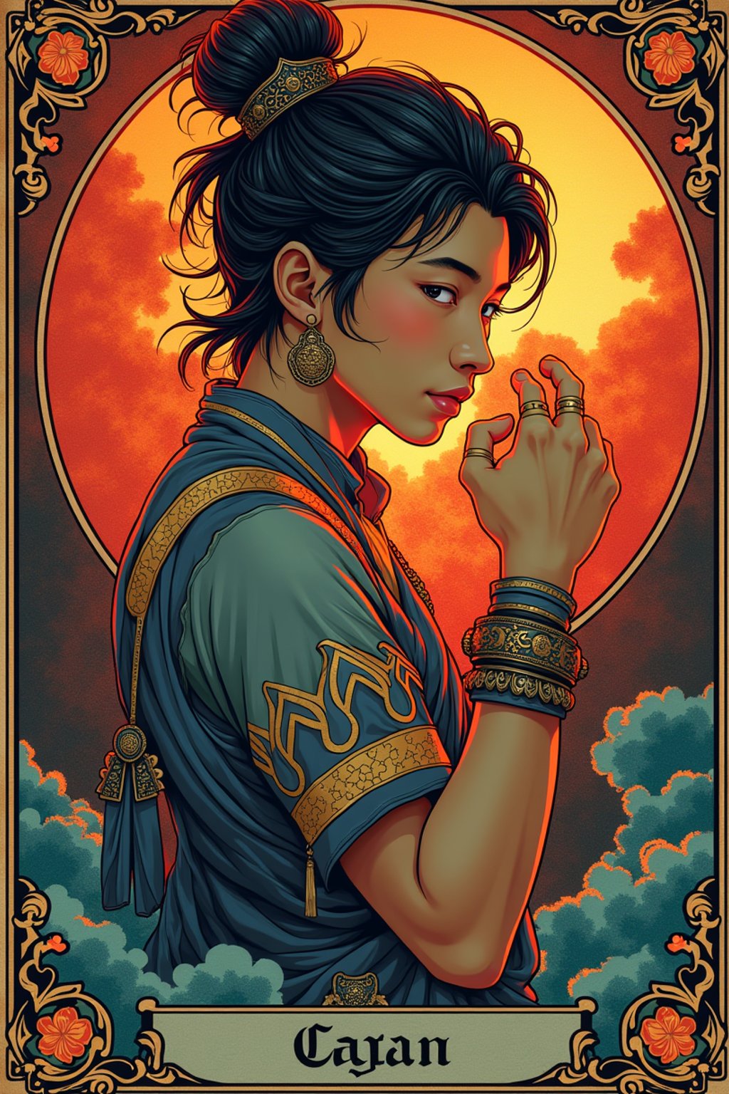 illustration of man as Mythical Tarot Cardin the style of moebius and mohrbacher and rossdraws and ross tran and alphonse mucha and ayami kojima, pixar style, maya engine, splash comics style, tarot card style, art nouveau, rich bright colours