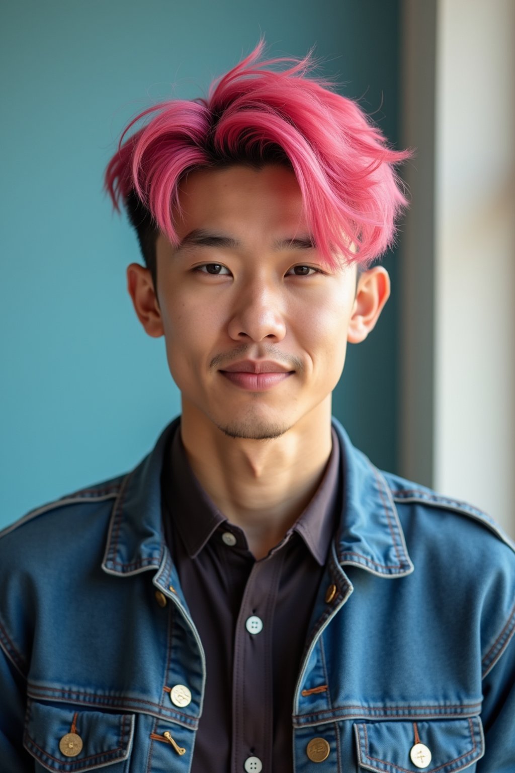 man as a progressive LGBTQ activist with pink or blue hair