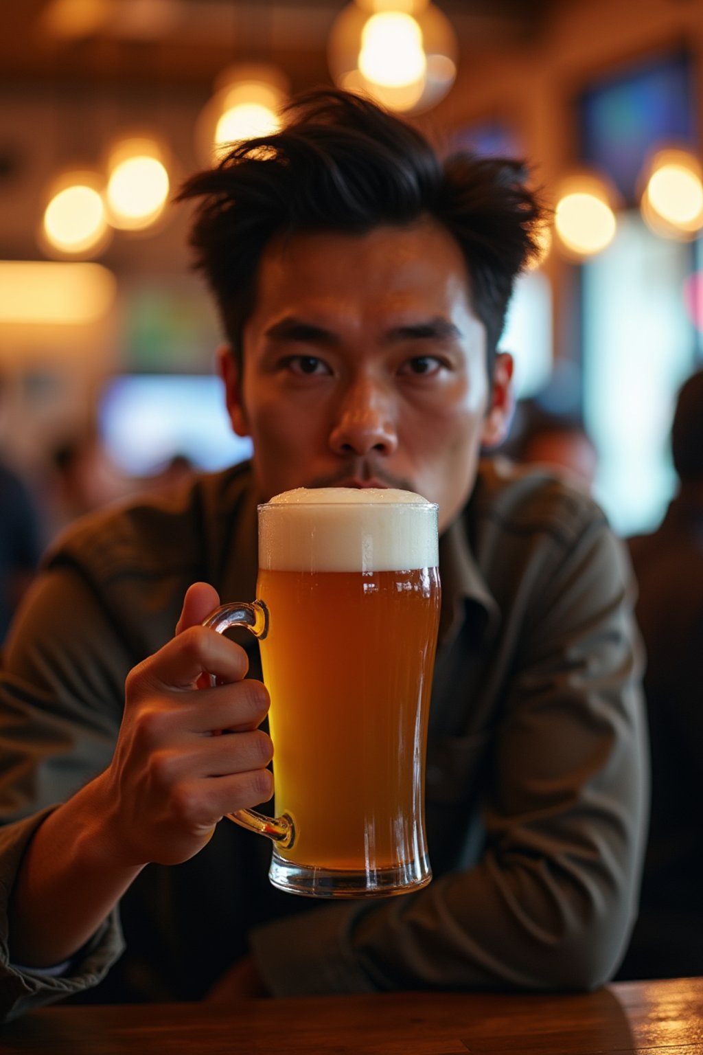 man in a busy bar drinking beer. holding an intact pint glass mug of beer