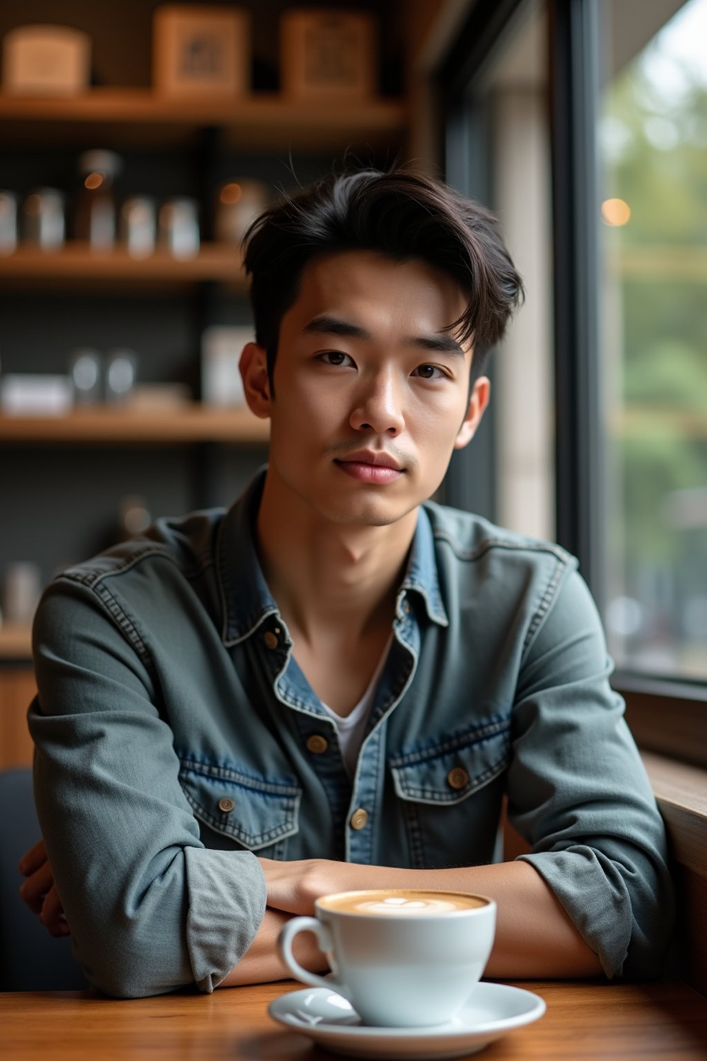 man in hipster coffee place with coffee cup on table