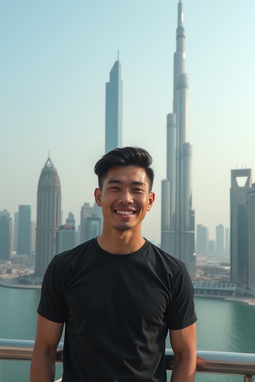 man standing in front of city skyline viewpoint in Dubai with city skyline in background