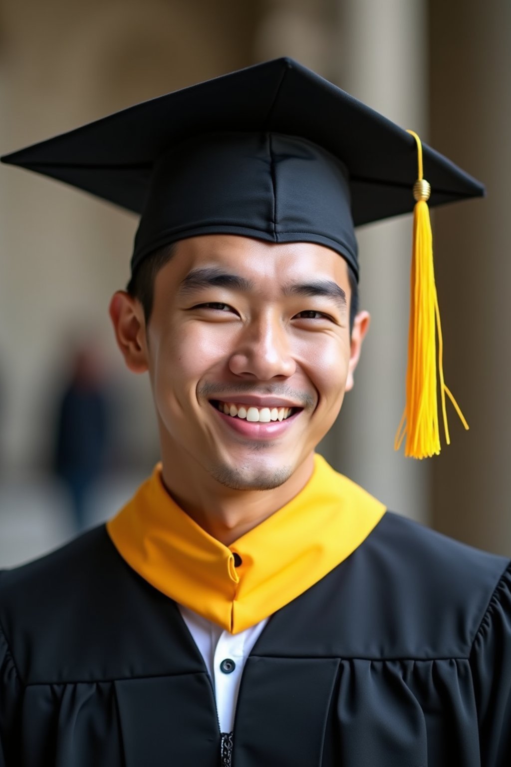 happy  man in Graduation Ceremony wearing a square black Graduation Cap with yellow tassel at college