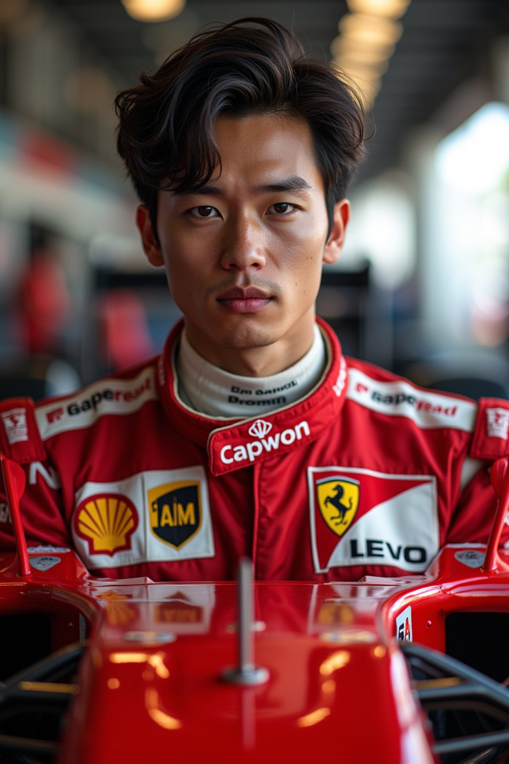 Ultra realistic photograph of man as Formula 1 race driver