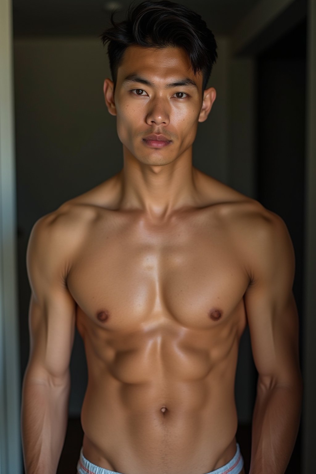 man wearing underwear  in Men's Health  centerfold photoshoot. intact eyes, symmetrical eyes, realistic skin texture. hyper realistic eyes. photorealistic