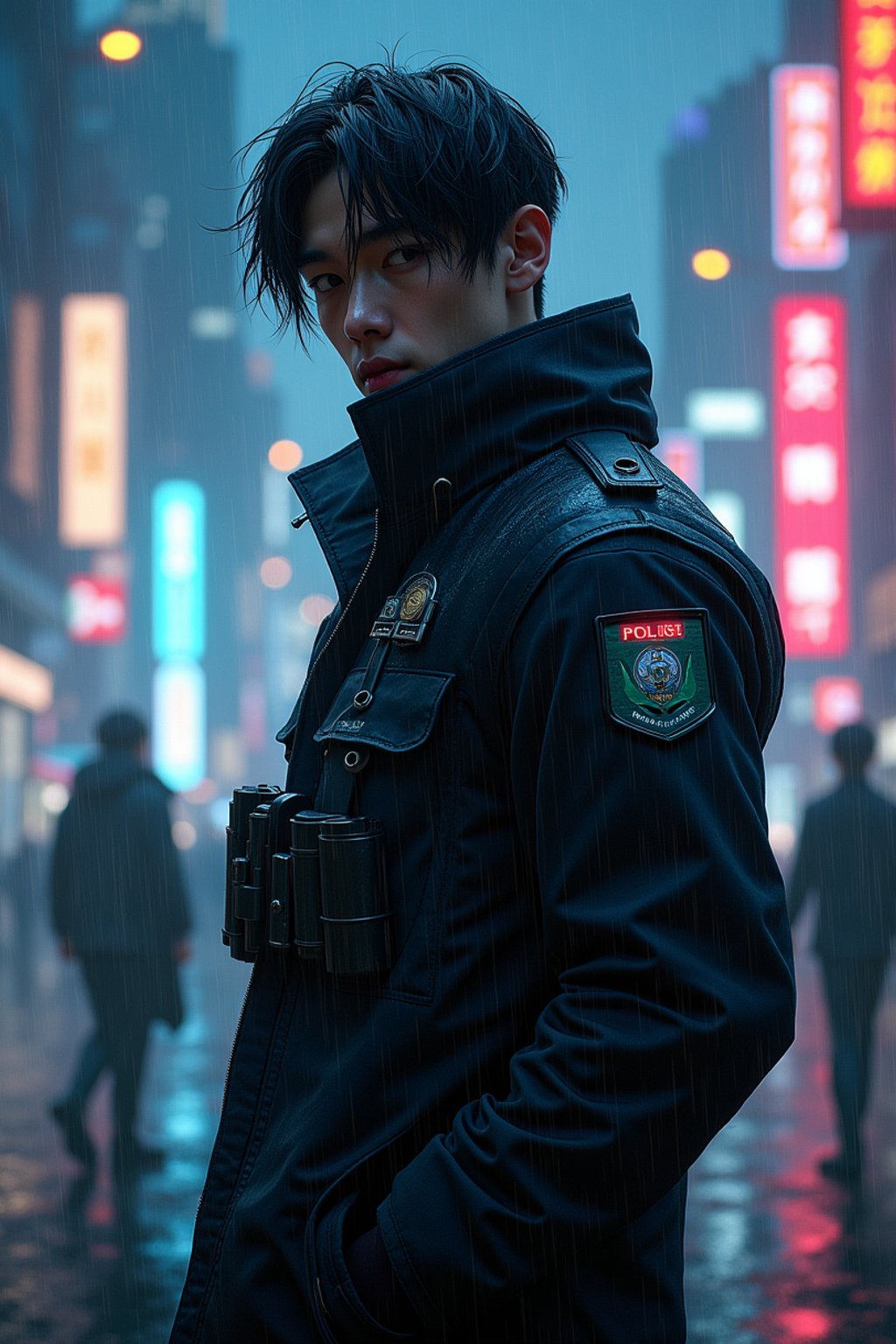 man as futuristic beautiful cyberpunk police officer, in heavy rainning futuristic tokyo rooftop cyberpunk night, ssci-fi, fantasy, intricate, very very beautiful, elegant, neon light, highly detailed, digital painting, artstation, concept art, soft light, hdri, smooth, sharp focus, illustration, art by tian zi and craig mullins and wlop and alphonse mucha