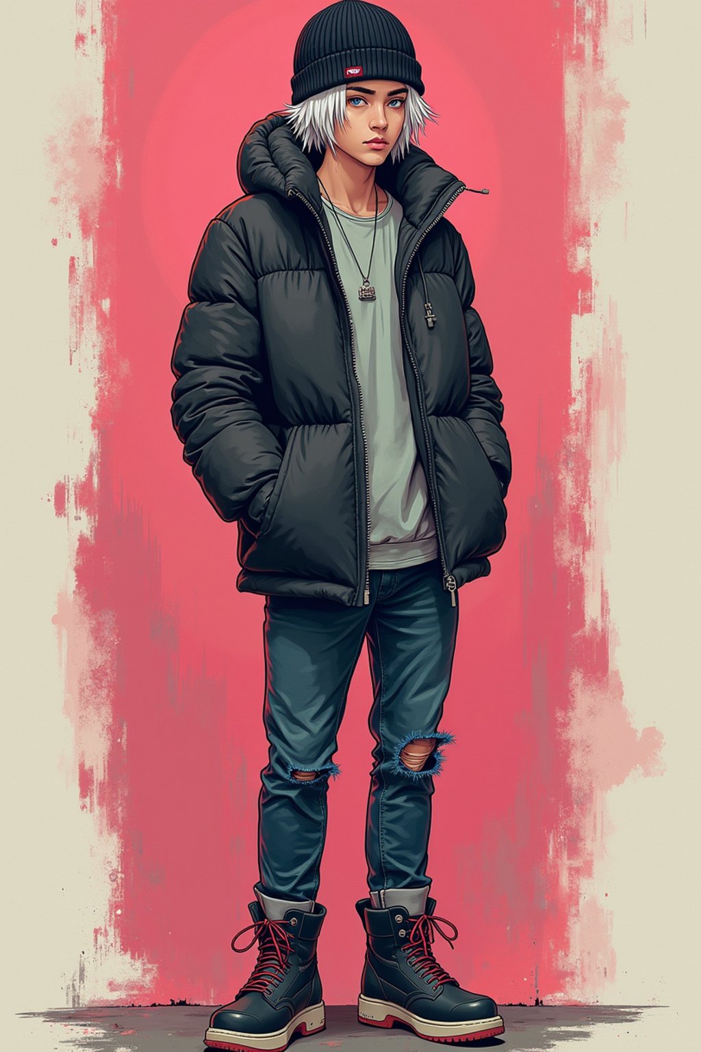 full body of a street punk man student, blue eyes, bubble jacket, hat, white hair by atey ghailan, by greg rutkowski, by greg tocchini, by james gilleard, by joe fenton, by kaethe butcher, gradient pink, black, brown and light blue color scheme, grunge aesthetic