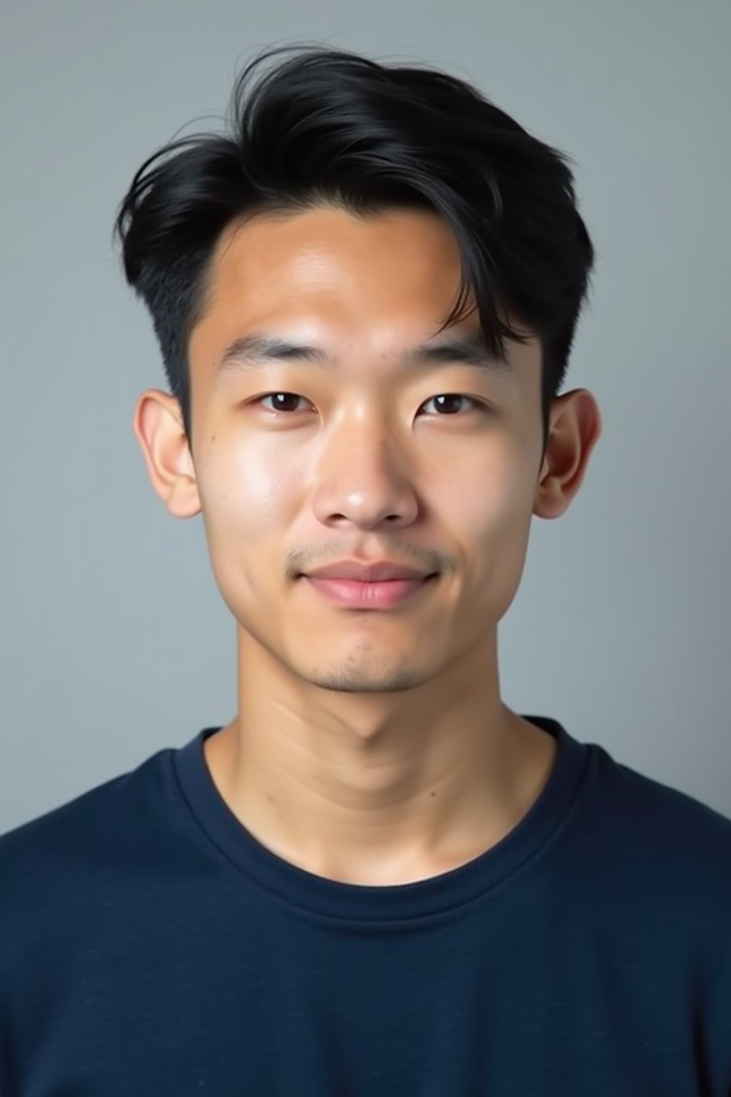 man as official passport photo for government documents. wearing a dark blue navy t-shirt. photorealistic. light gray background. entire face visible. entire head visible