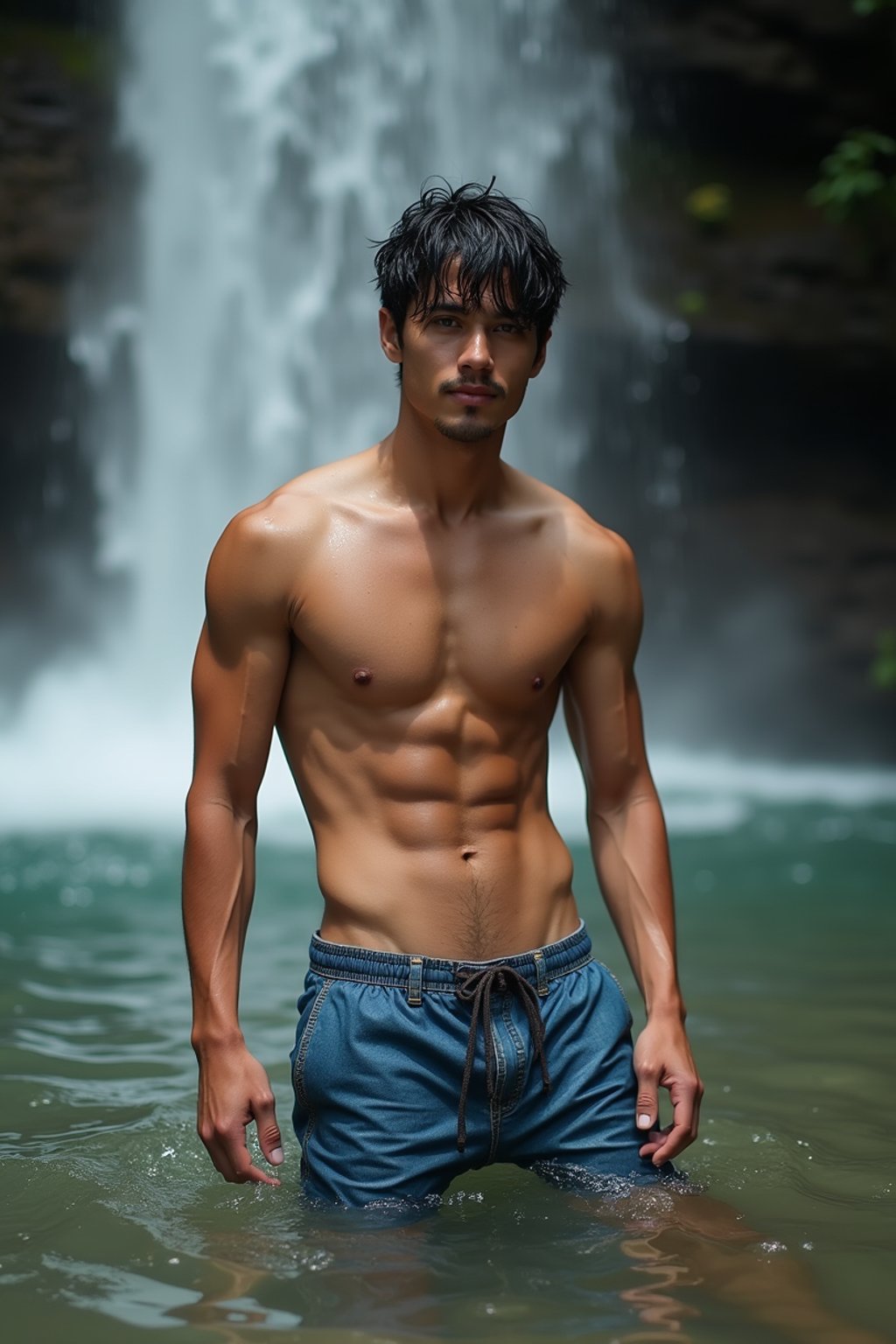 man in swim shorts  under a waterfall, wet hair