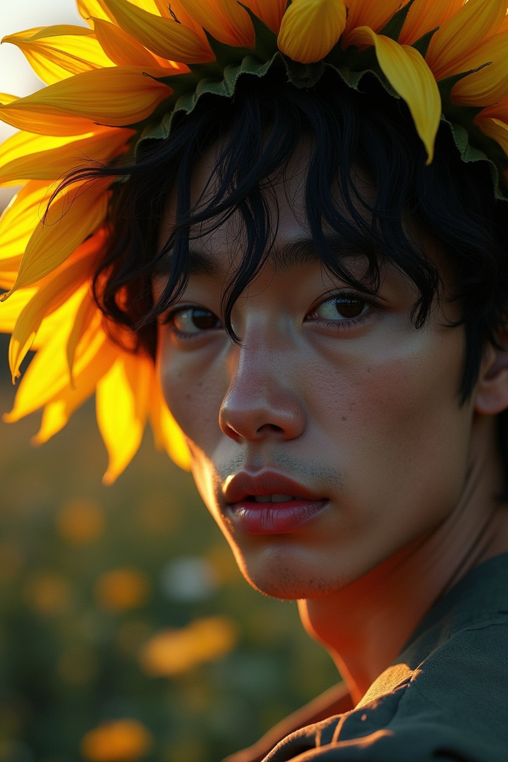 Close face shot of a man with a sunflower in hair, summer season, moody scene,, intricate, sharp details, summer vibe, gorgeous scene by gaston bussiere, craig mullins, somber lighting, drawn by giacomo burattini, inspired by graphic novel cover art, hyperrealistic, 8 k by rhads