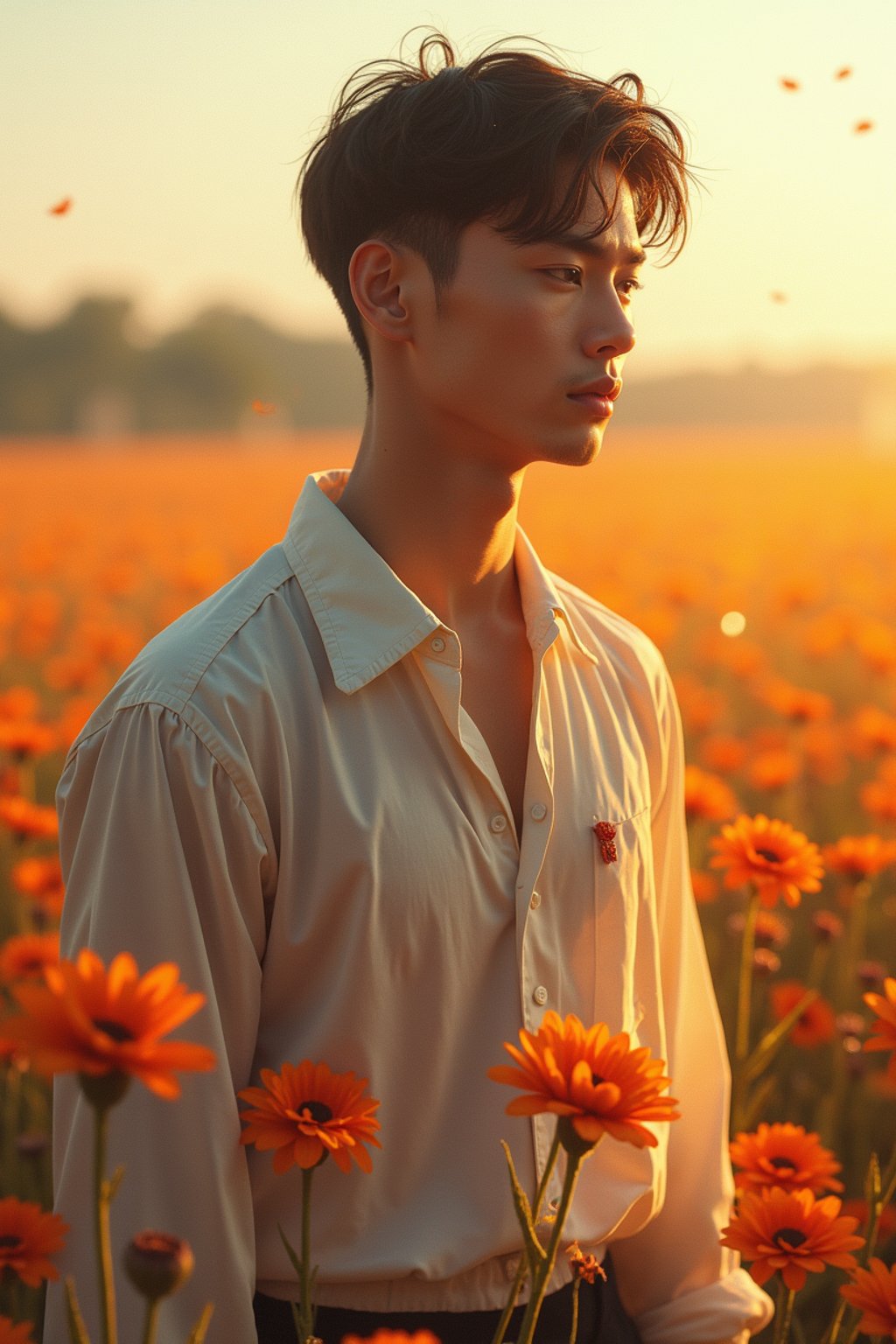 man | standing in field full of flowers | detailed gorgeous face! ! | full body! ! | god rays | intricate | elegant | realistic | hyperrealistic | cinematic | character design | concept art | illustration | digital art | digital painting | depth of field