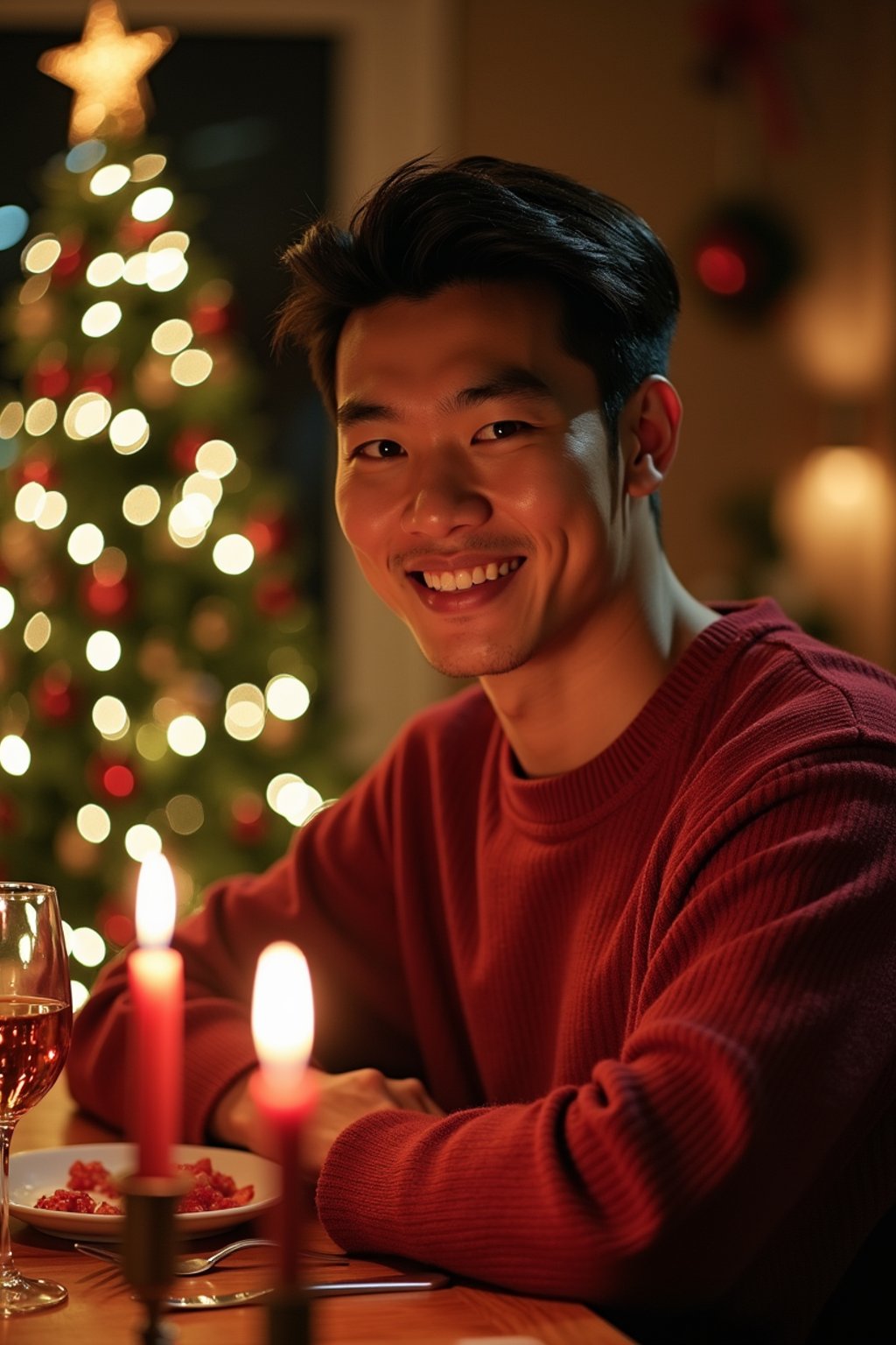 man at Christmas dinner wearing Christmas style clothes. Christmas tree in background. Christmas lights