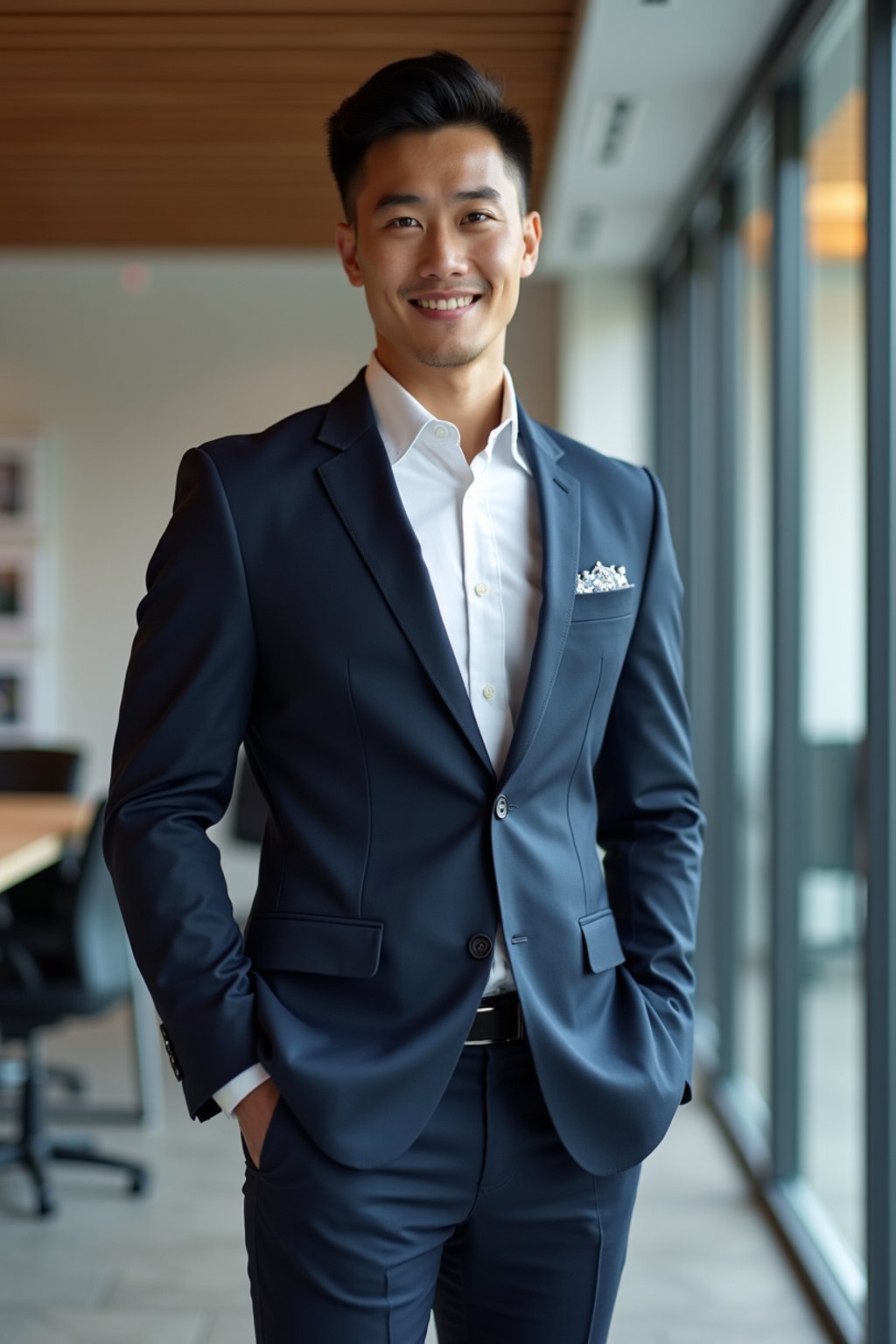 wide LinkedIn profile photo of a professional business man as a confident professional business man standing in a modern office. LinkedIn professional profile photo. most popular person on LinkedIn