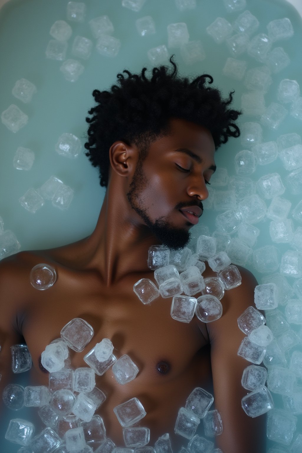 man lying in a bath of ice cubes