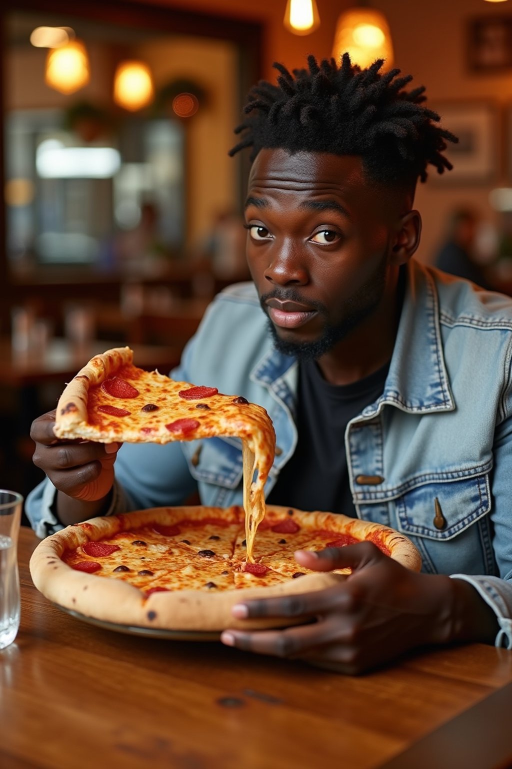 man sitting in a restaurant eating a large pizza