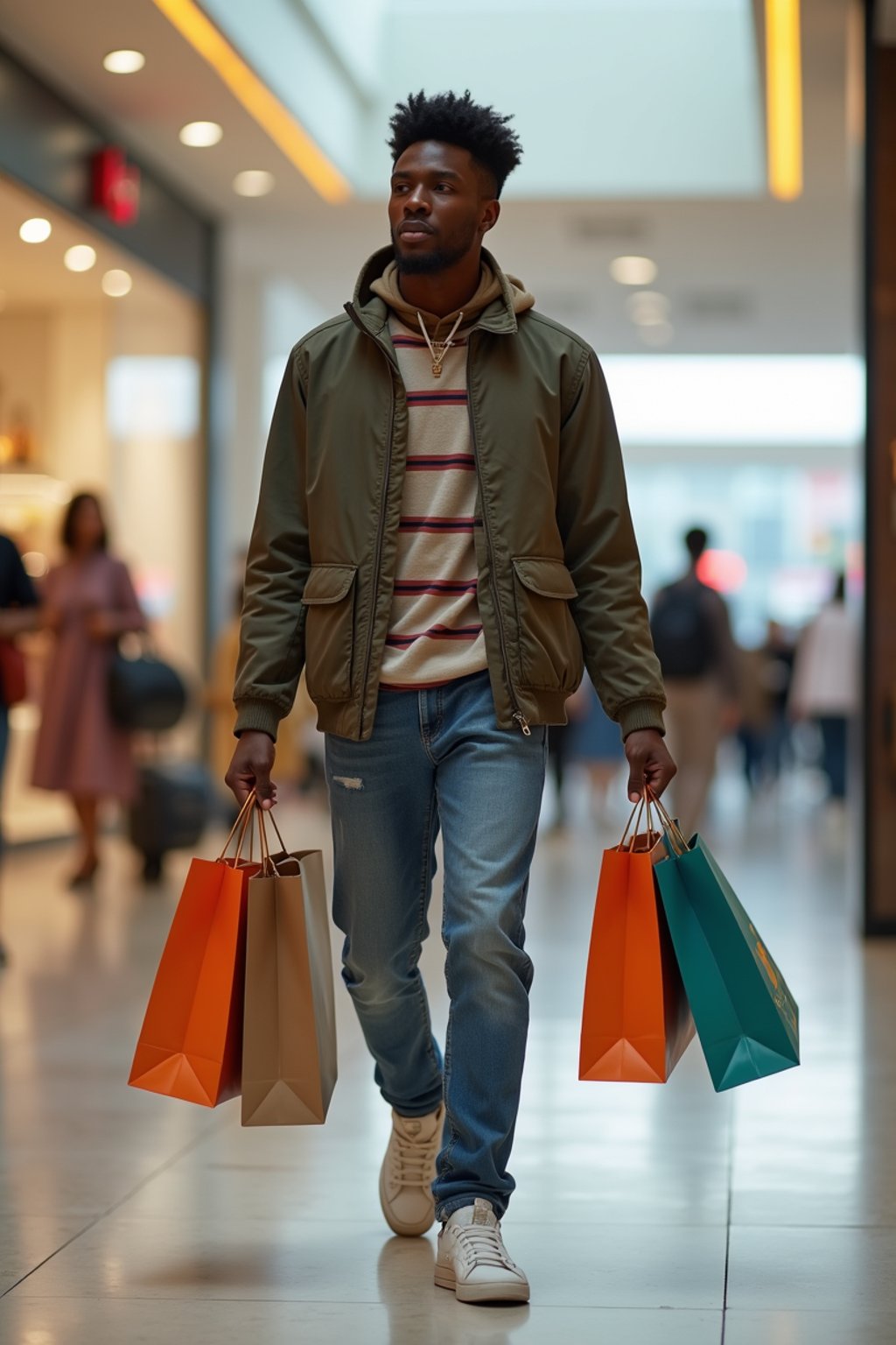 man walking in a shopping mall, holding shopping bags. shops in background