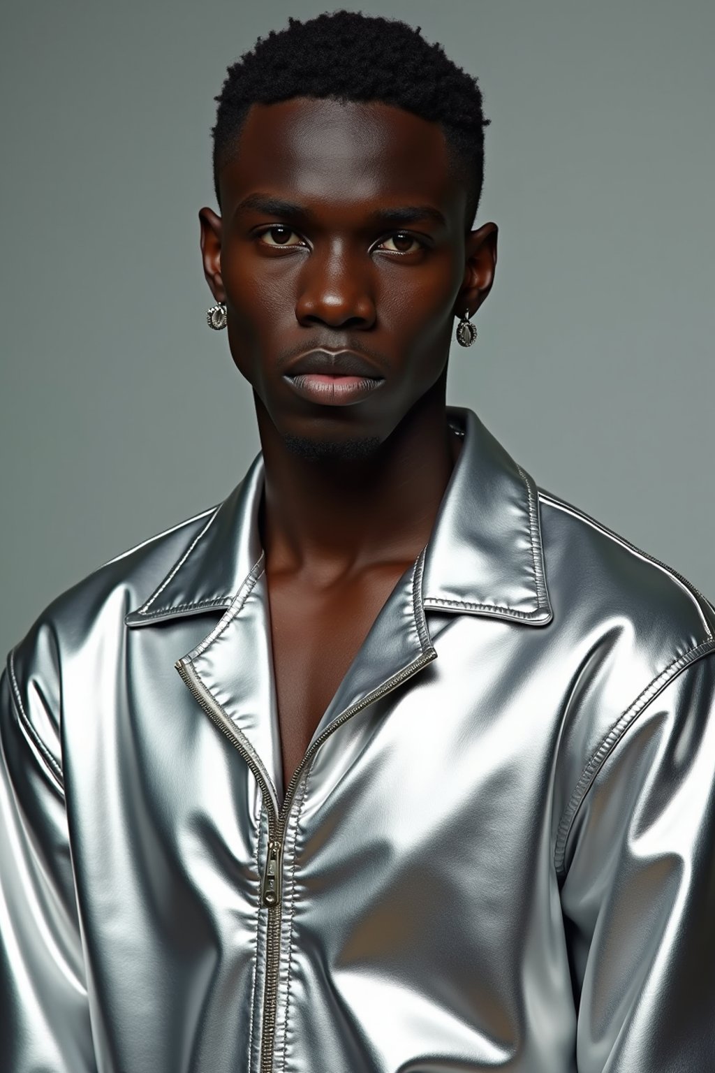 man in silver metallic style, wearing shiny metallic fashion