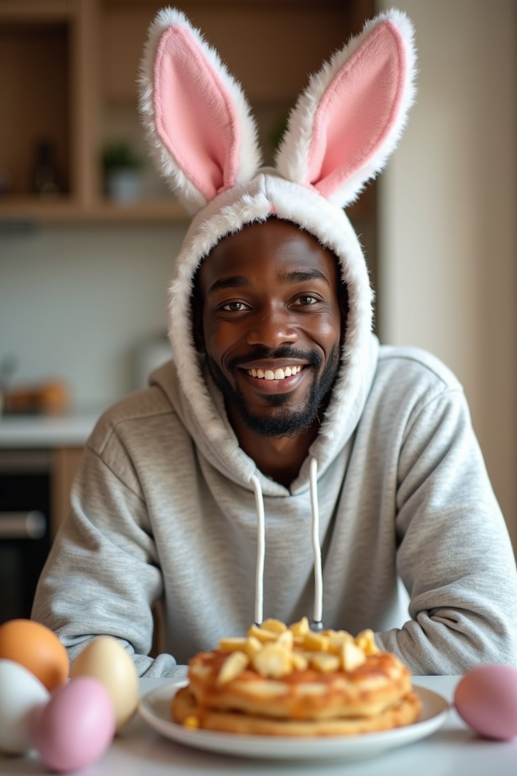 man dressed up for Easter with Easter Bunny Ears at the Easter Breakfast. Easter Eggs. Easter Bunny