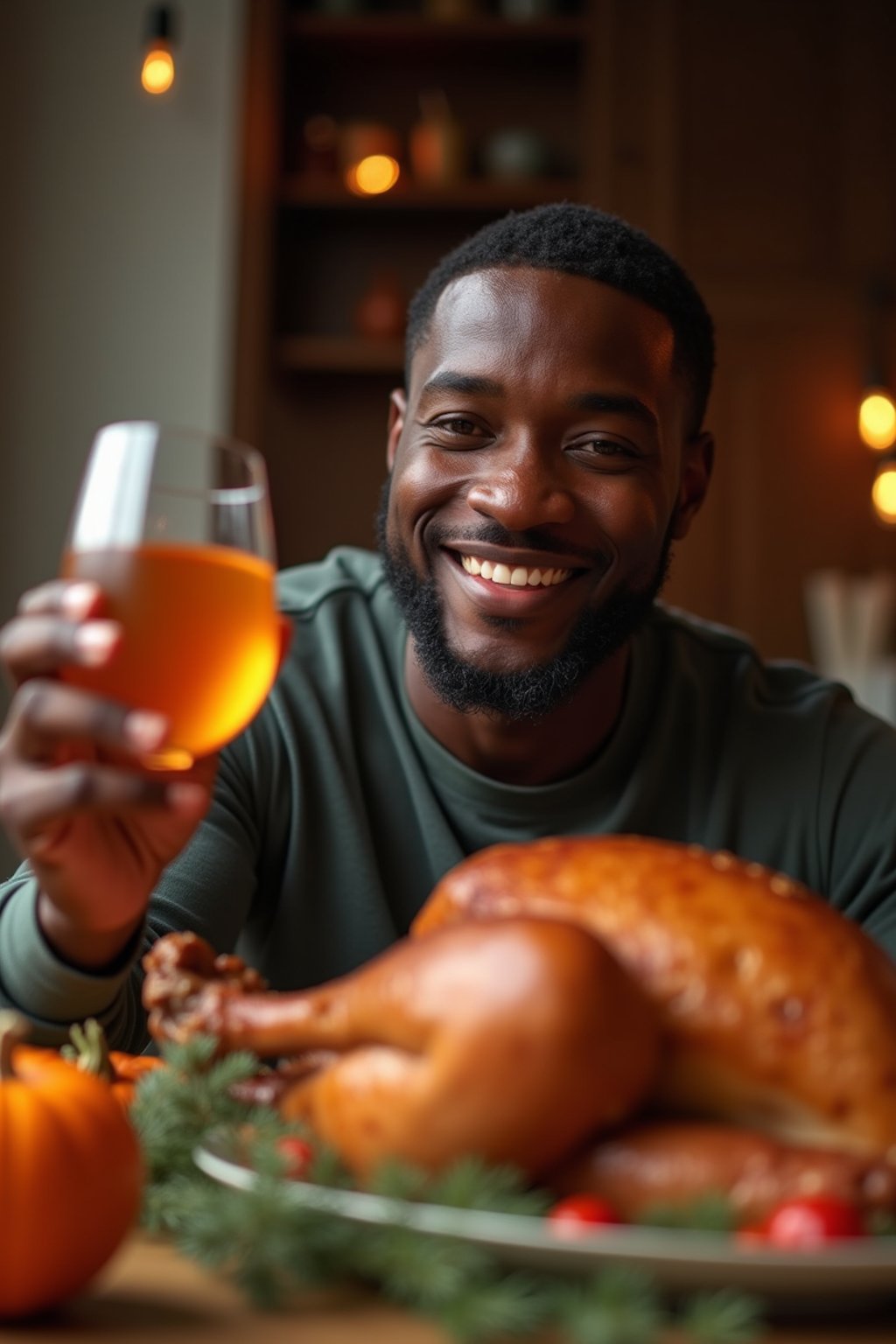 man celebrating Thanksgiving with cocktail and turkey meat in background