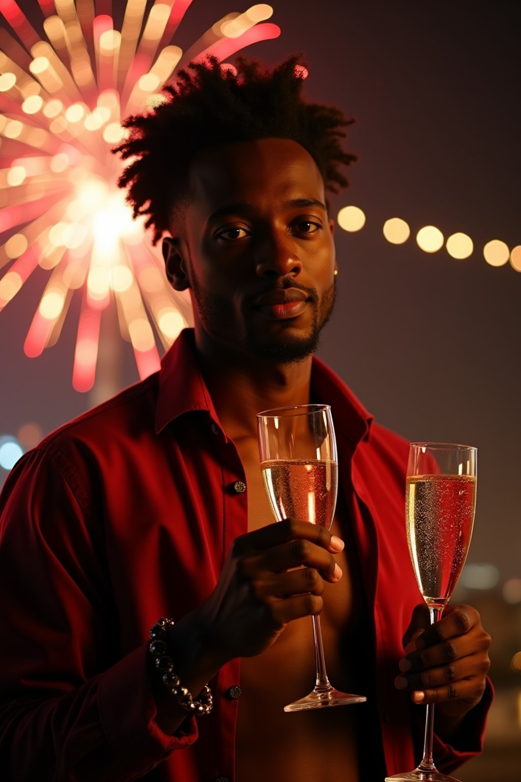 man celebrating New Year's Eve with champagne and Fireworks in background