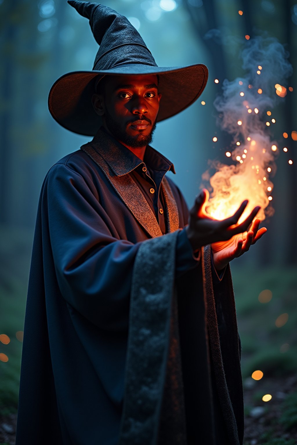 man as a Wizard with a Wizard robe and big hat, crystal magic, dramatic light