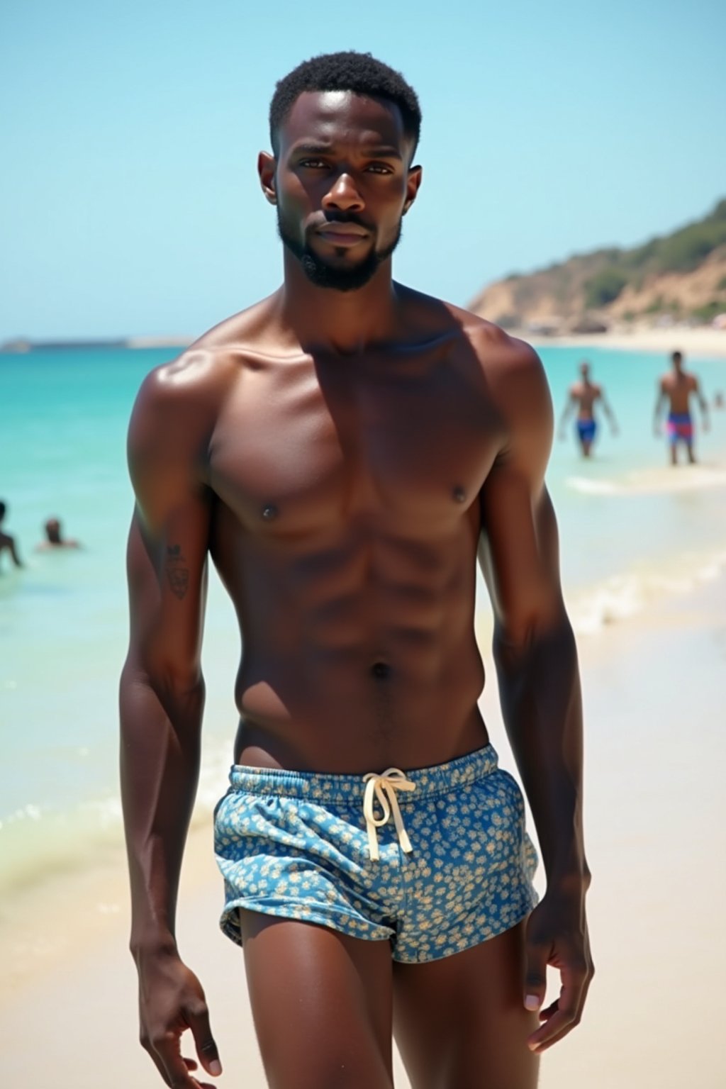 man in shirtless in swim shorts  on the Beach